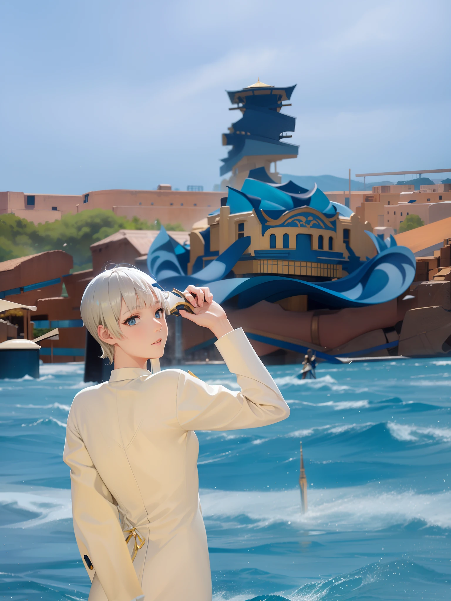 Silver-yellow girl with short hair,Dressed in a dress trimmed with white and gold,Stand on a towering building,Wear high heels,Sword in hand,(best qualtiy:1.4), (A detailed:1.5), (tmasterpiece:1.3),