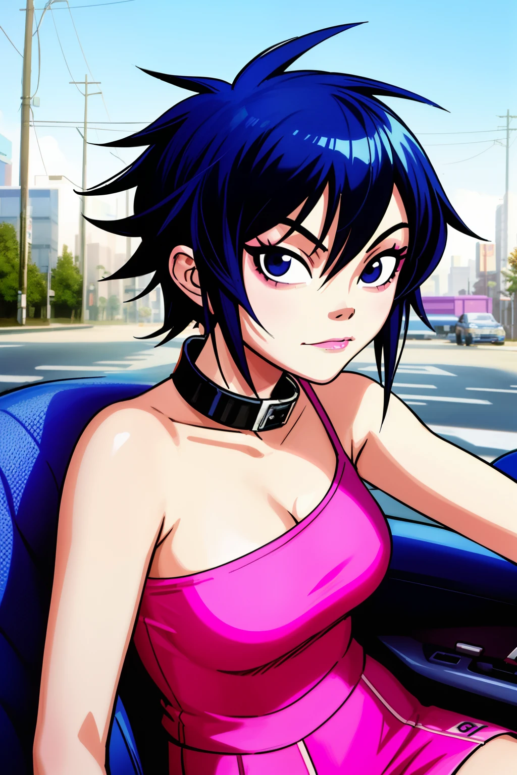 noodle (gorillaz), masterpiece, best quality, 1girl, solo, blue hair, makeup, bangs, collar, short hair, portrait, lipstick, black eyes, parody, breasts, seductive, slight smile, partially naked, (anime character sitting in a car with a pair of feet on the back of the seat), cyberpunk art inspired by Liam Wong, tumblr, graffiti, 8 0 s anime vibe, 9 0 s anime aesthetic, lofi girl, art deco outrun anime aesthestic, ilya kuvshinov. 4 k, lofi artstyle, anime vibes