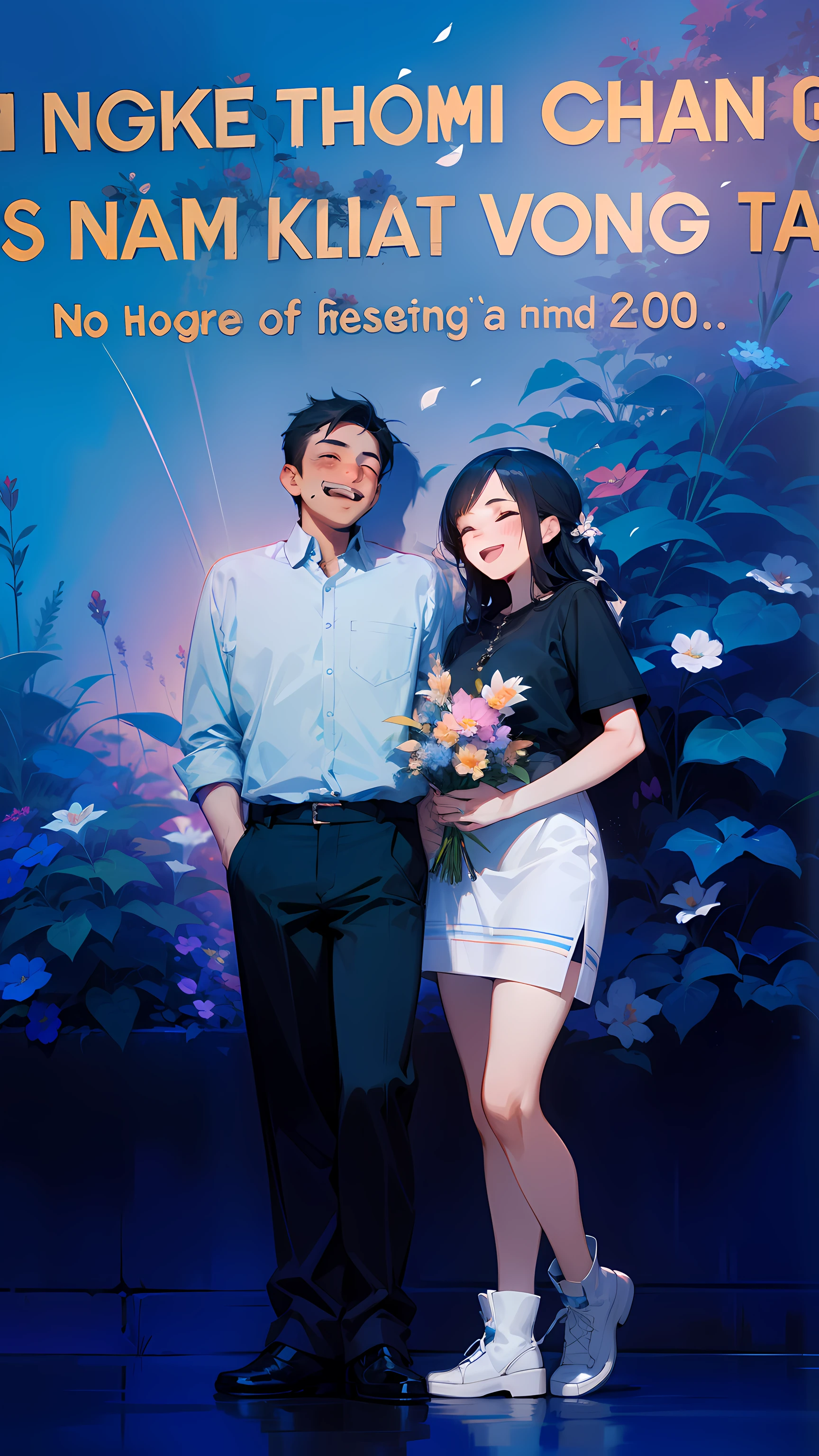 couple, 1girl, 1boy, hugging each other, smile, laugh, romantic atmosphere, behind the flower, flower field, blue sky, landscape
