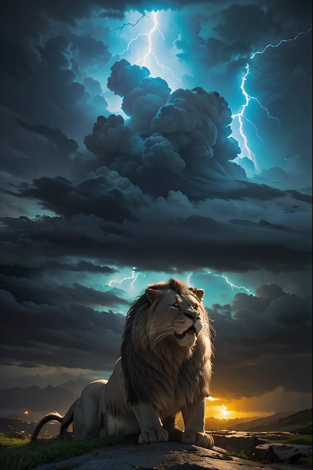 Great legndary roaring lion super detailed hyper realistic master piece thunder storm environnement super detailed face