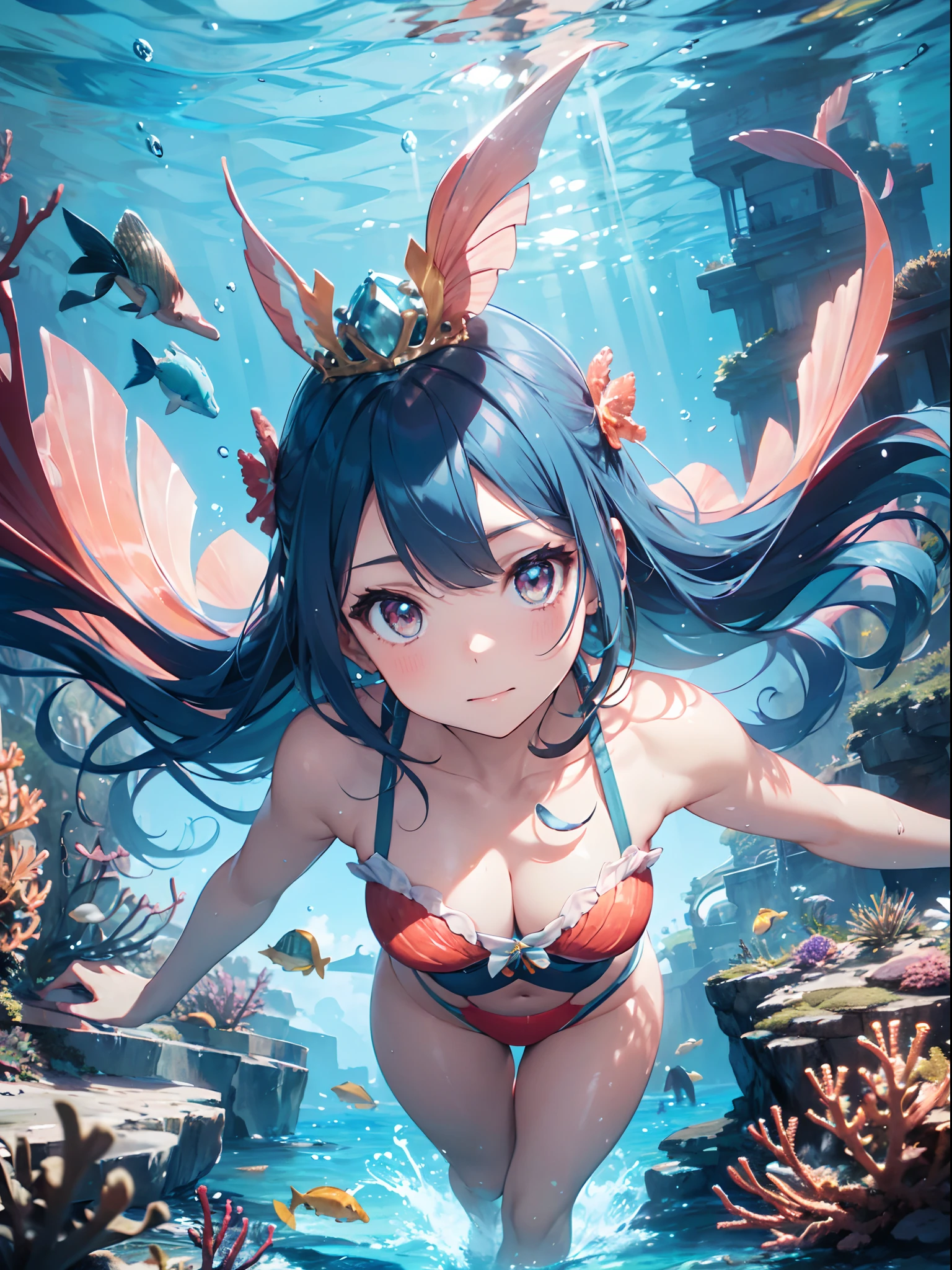 film photography, 1girl , (((whole body ))) , dynamic pose

Character: tropical mermaid queen
Style: undersea paradise
Extraordinary Feature: controls the vibrant life of the ocean
Action: Swimming gracefully among colorful coral reefs, surrounded by marine life
Hair: Long, wavy hair that blends with the sea's waves
Hair Color: Aquamarine blue with hints of coral pink
Eyes: Ocean blue with a captivating sparkle
Clothing: intricately detailed seashell-adorned tail, coral and pearl accessories
Background: vibrant underwater world with exotic sea creatures and coral gardens, medium breast, full body, (realistic detailed eyes, natural skin texture, realistic face details), finely detailed, hyperrealistic