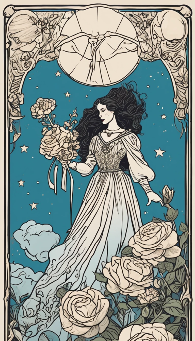 tarot card background,A woman with straight black hair holds a bouquet of white roses in her left hand,Jump off a cliff,The right hand holds the scepter,There are bags on it,There are white clouds all around,The sun is bright,white backgrounid,There is a white cat at his feet,Blue flowers around