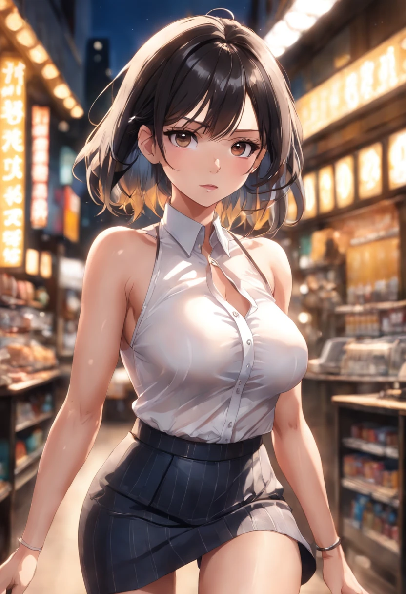 1 girl, at home, brown eyes, big black waves, (masterpiece), (best quality), (super detailed), (best illustration), (best shade), super high resolution, (very oversized shirt, button shirt, open shirt)), (men's shirt), no bra, collarbone, no panties, exposed clothes, (big breasts: 1.4), looking at the audience, light smile, full body photo, sideways, hands behind back, light makeup --auto --s2