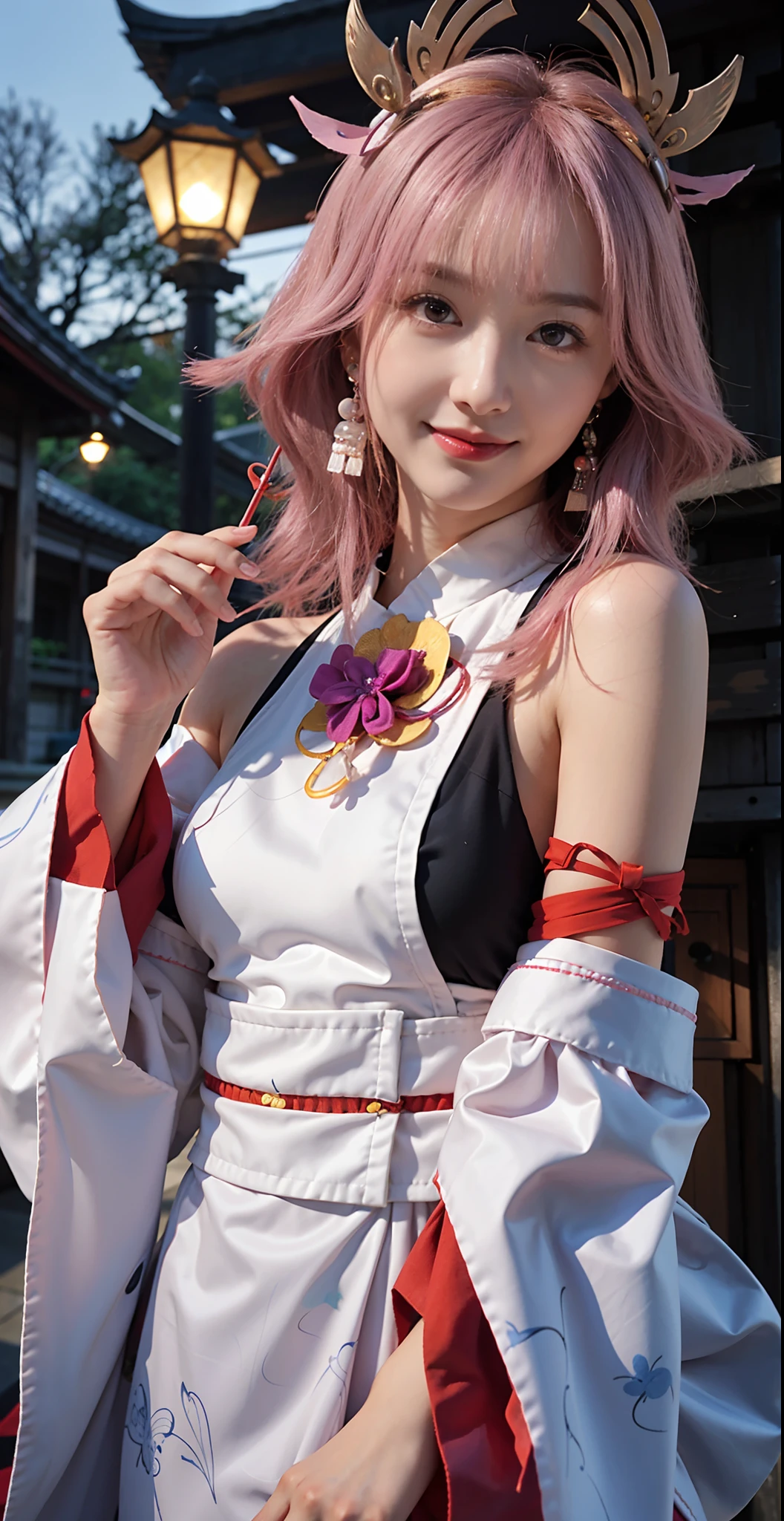 1girl, (ulzzang-6500:0.7), kpop idol, yae miko, bikini, detached sleeves, bare shoulders, pink hair, long hair, bikini, best quality, (painting:1.5), (hair ornament:1.35), jewelry, purple eyes, earrings, breasts, torii, cherry blossoms, lantern light, depth of field, detailed face, face focus, ribbon_trim, (looking at viewer:1.25), nontraditional miko, shiny skin, long sleeves, smile, thick lips, game cg, hands on lips, east asian architecture, (blurry background:1.2), sitting, upper body, bikini