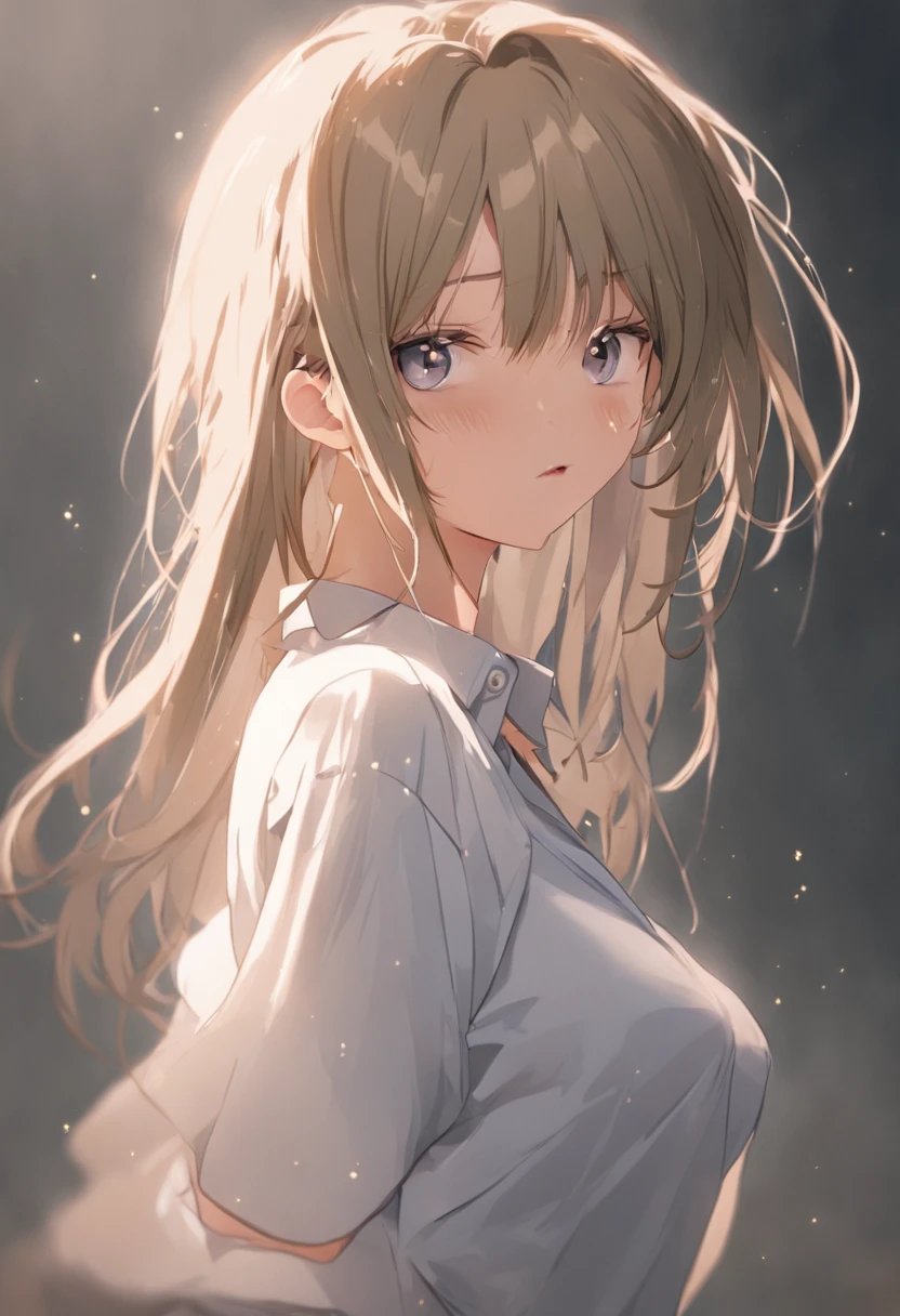 beautiful cute girl, (masterpiece:1.3), (8k, photorealistic, RAW photo, best quality: 1.4), Sharp focus: 1.2, A beautiful woman with perfect body: 1.4, Slim abdomen: 1.2, ((Layered haircut)), (((Huge breasts :1.8))), (no bra), (Small and beautiful hard nipple), (pubic hair), (Thin and damp button up to shirt length: 1.1), (a White extreme low rise mini skirt), Highly detailed face and skin texture, Detailed eyes, Double eyelid, beautiful face, beautiful hairstyle, realistic eyes, beautiful detailed eyes, (realistic skin), attractive, ultra high res, ultra realistic, highly detailed, golden ratio, (detaled face:1.2), looking at viewer, smile, open white shirt, perfect slim figure, ((Kneeling in the department store and serving customers)), ((from high angle shot)), ((put the mic on her chest)), ((she is wet)).
