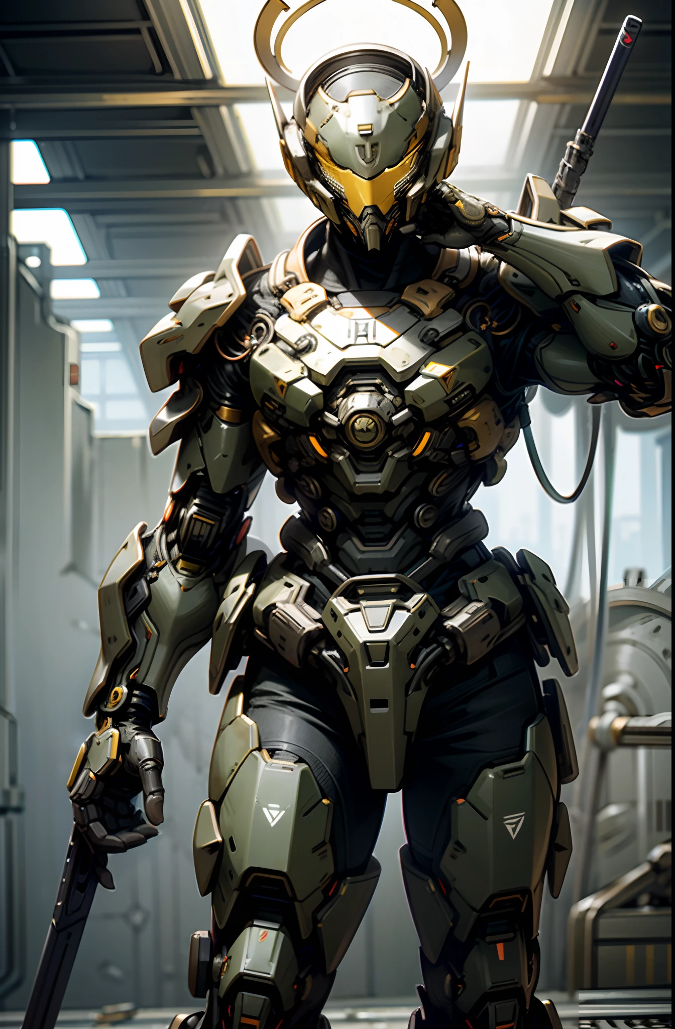 Dark_Fantasy, Cyberpunk, (armadura, jefe maestro Halo combat evolved , verdeoscuro: 1.1), 1hombre, Mechanical Marvel, presencia super soldado, Epic Guardian Combat Costume,