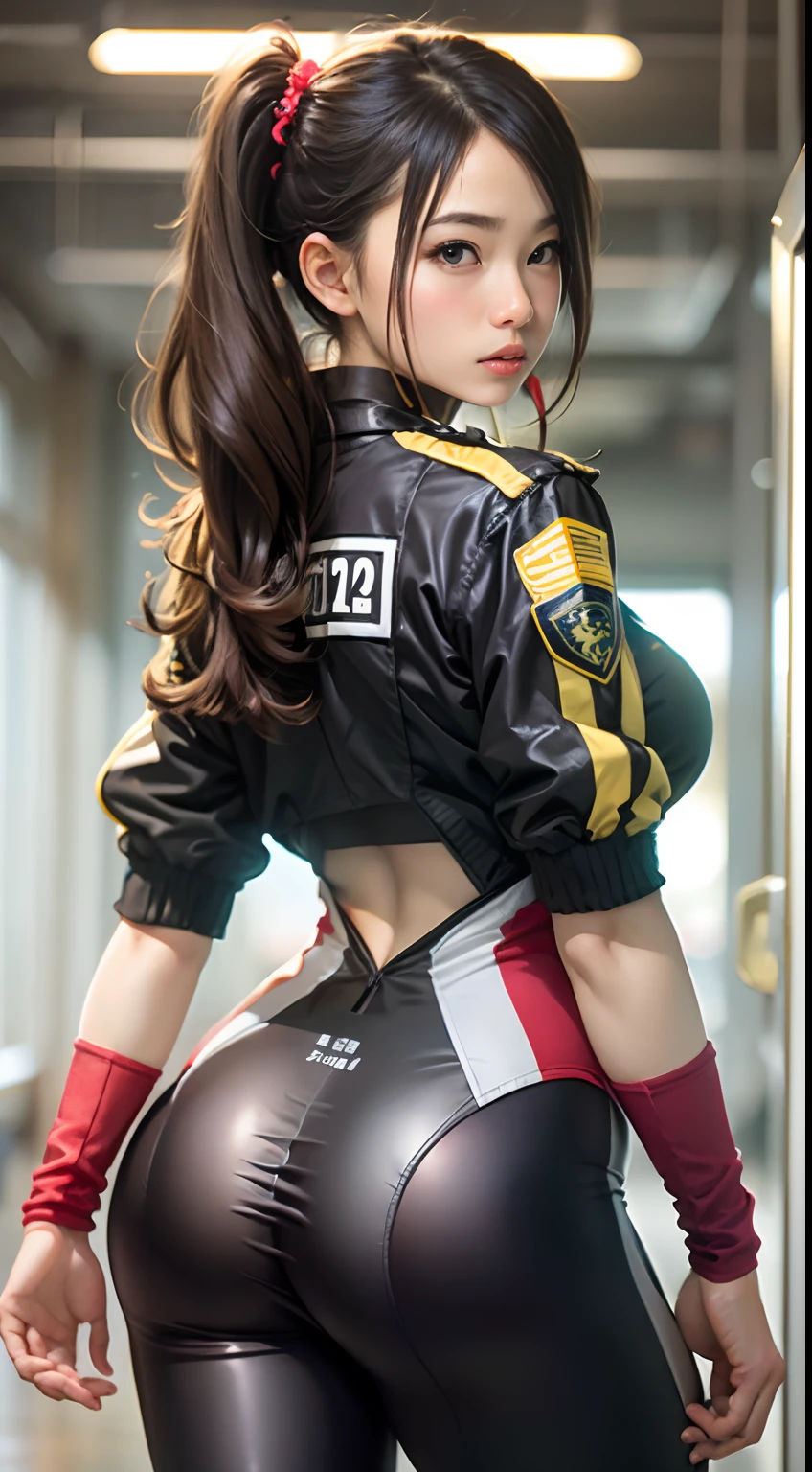Racing Wear,城市,(Inspired by the Avengers),pony tails,One-piece unisex trousers,machine girl,Security level,Oversized ass,(8K,photo RAW,Fotorrealista:1,25),(Excessive lip gloss,Very many eyelashes,best qualityer,超高分辨率,depth of fields,color difference,Wide light,natural color,Distant pictures(1:2)