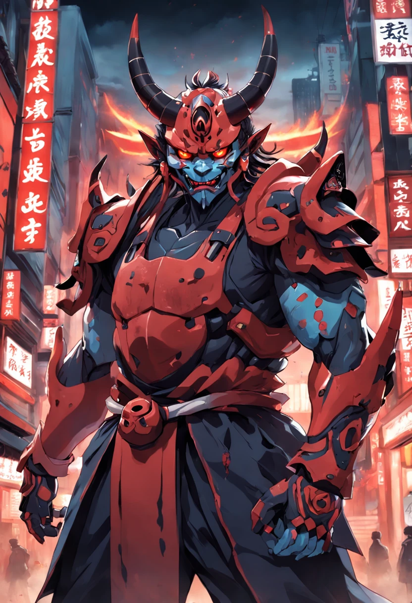 sky, cloud, holding_weapon, no_humans, glowing, , robot, building, glowing_eyes, mecha, science_fiction, city, realistic,mecha, a close up of a cartoon character with a demon face, demon samurai, villain wearing a red oni mask, demon samurai warrior, samurai with demon mask, oni horns, handsome guy in demon slayer art, neon samurai, handsome japanese demon boy, demon samurai mask, demon slayer artstyle, oni mask, onmyoji portrait, onmyoji detailed art, oni