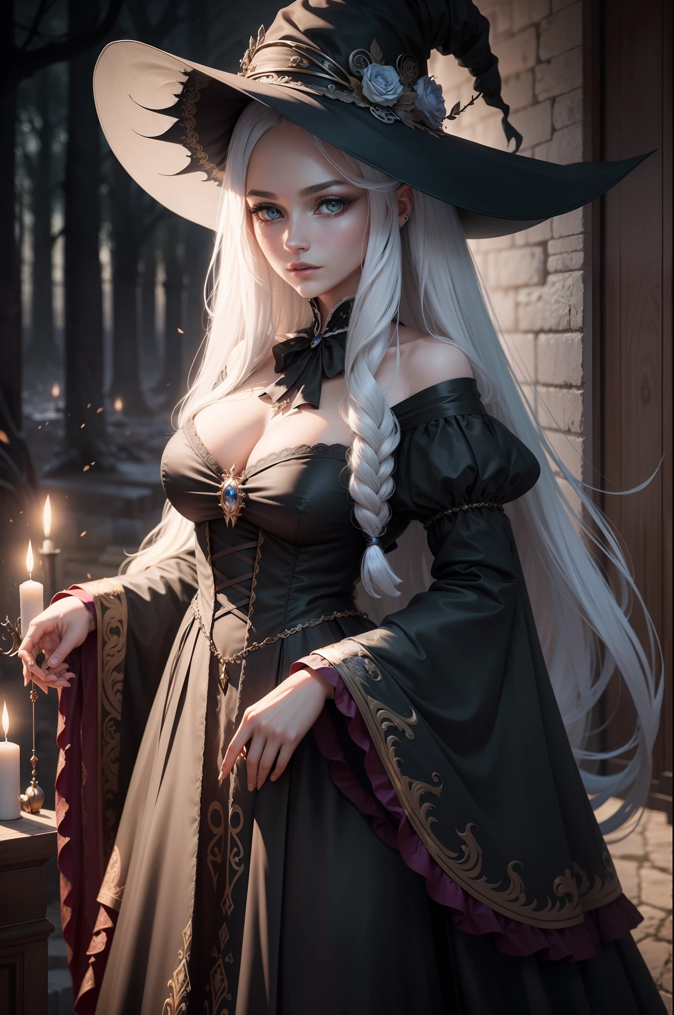 "RAW photo, best,masterpiece, best quality, high quality, extremely detailed,A mysterious and captivating witch in elegant attire, flowing hair and piercing eyes, wide-brimmed, pointed hat, surrounded by an enchanting aura of magic and mystery."