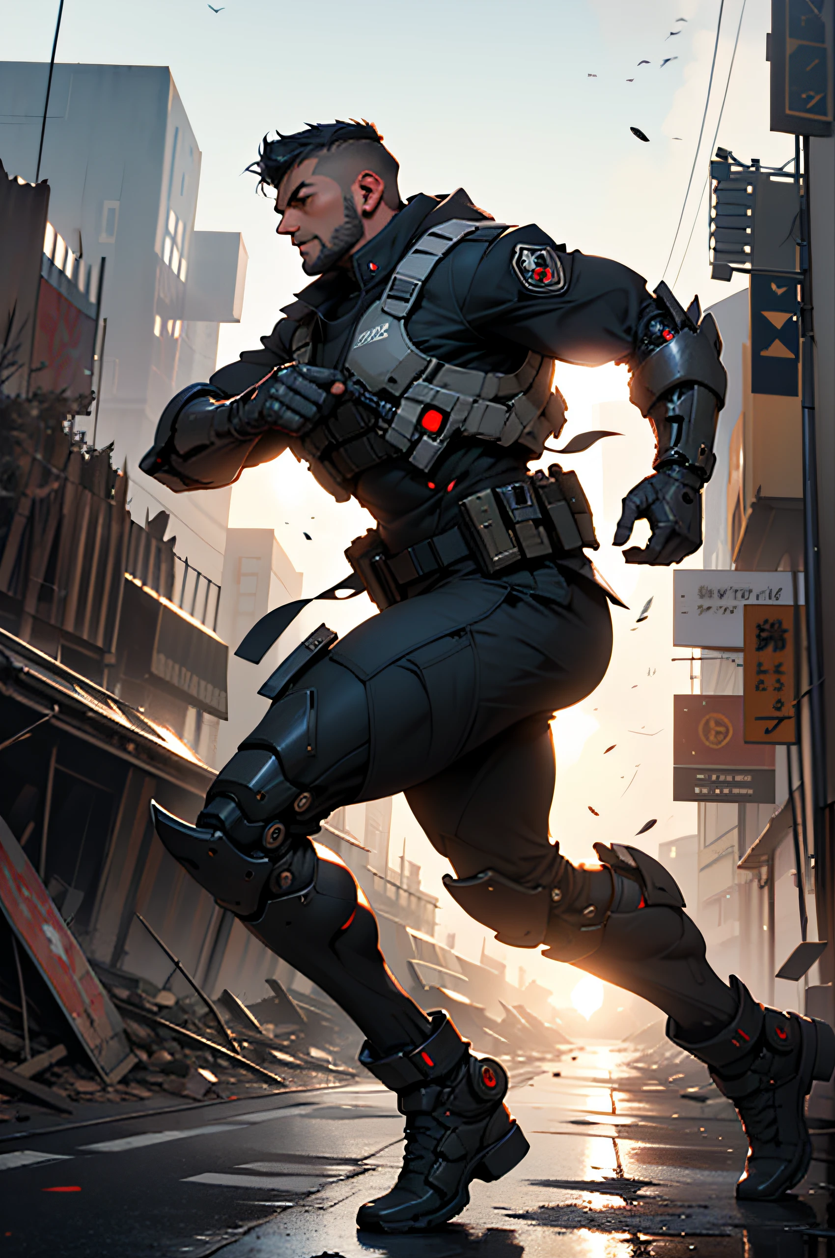 1man, solo, a futuristic mature male soldier with iron black mechanical legs, wearing epTactical, running at high speed, battlefield ruins, face focus, UHD, anatomically correct, best quality, masterpiece, upper body, dynamic lighting, the side view