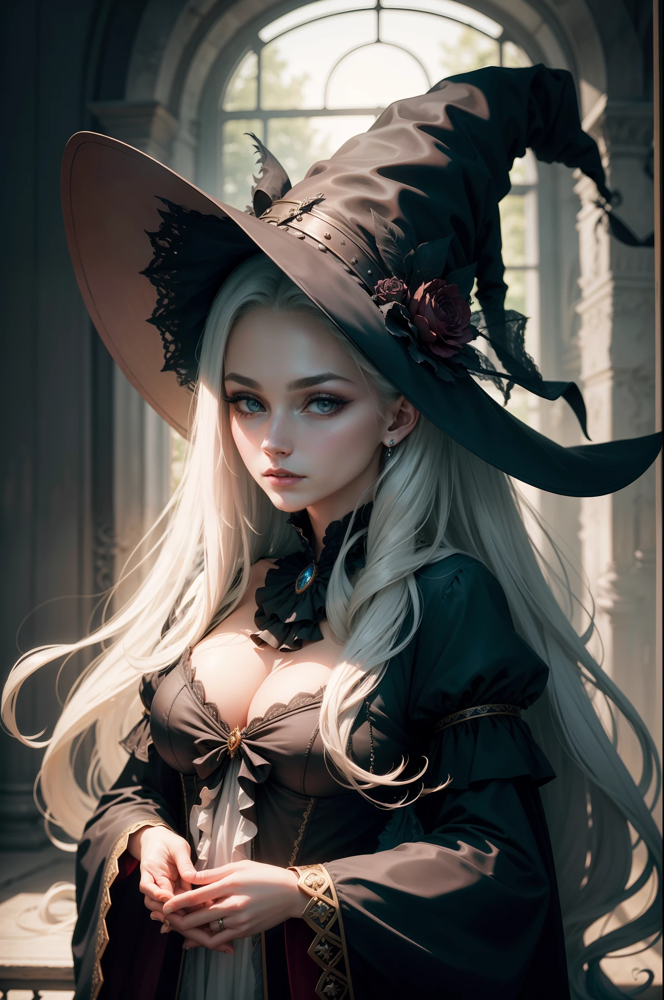 "RAW photo, best,masterpiece, best quality, high quality, extremely detailed,A mysterious and captivating witch in elegant attire, flowing hair and piercing eyes, wide-brimmed, pointed hat, surrounded by an enchanting aura of magic and mystery."