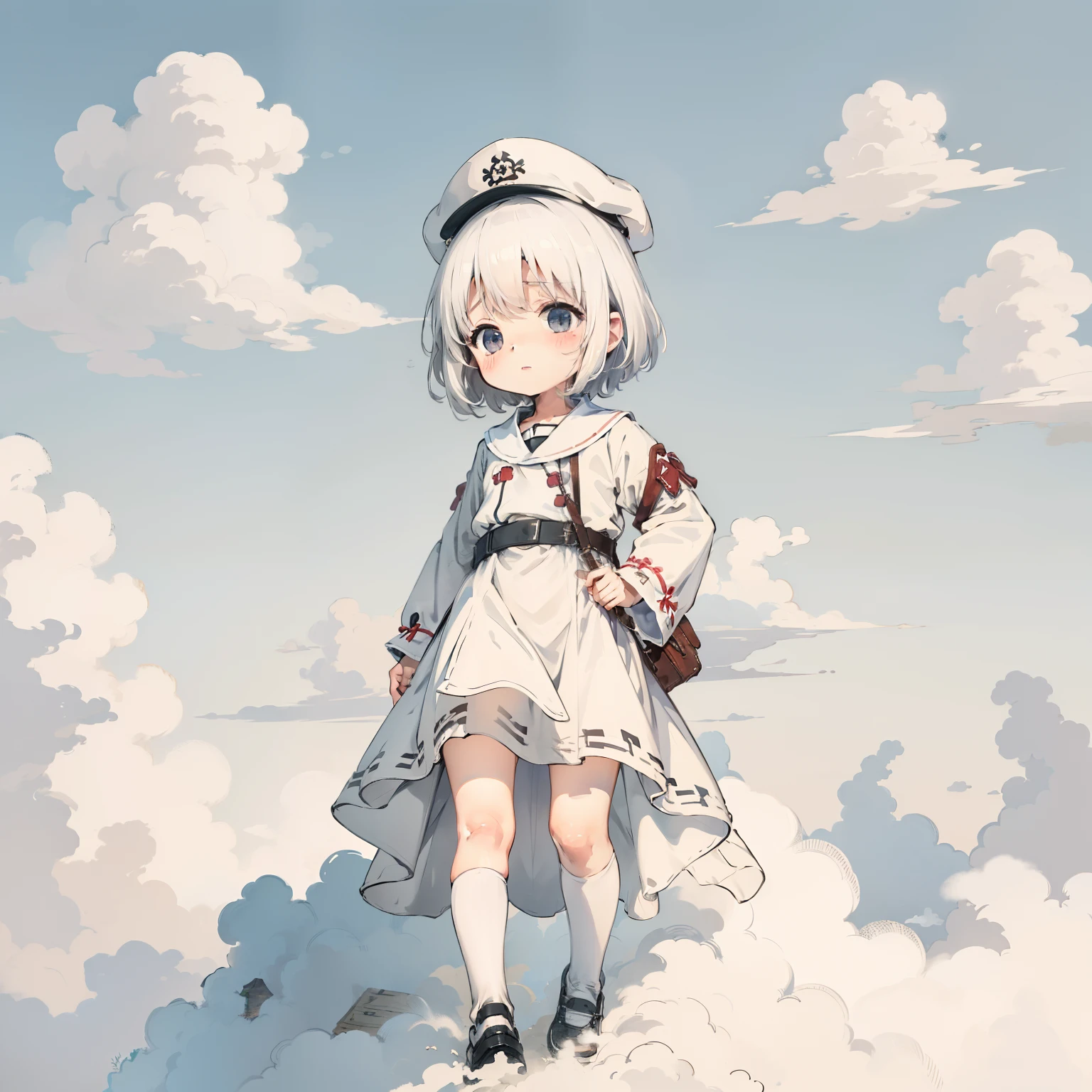 Above the white clouds,White clouds,A castle made of white clouds, 1girll, Little girl flying over white clouds,Loli,elementary student, Solo, (with short white hair:1.2),