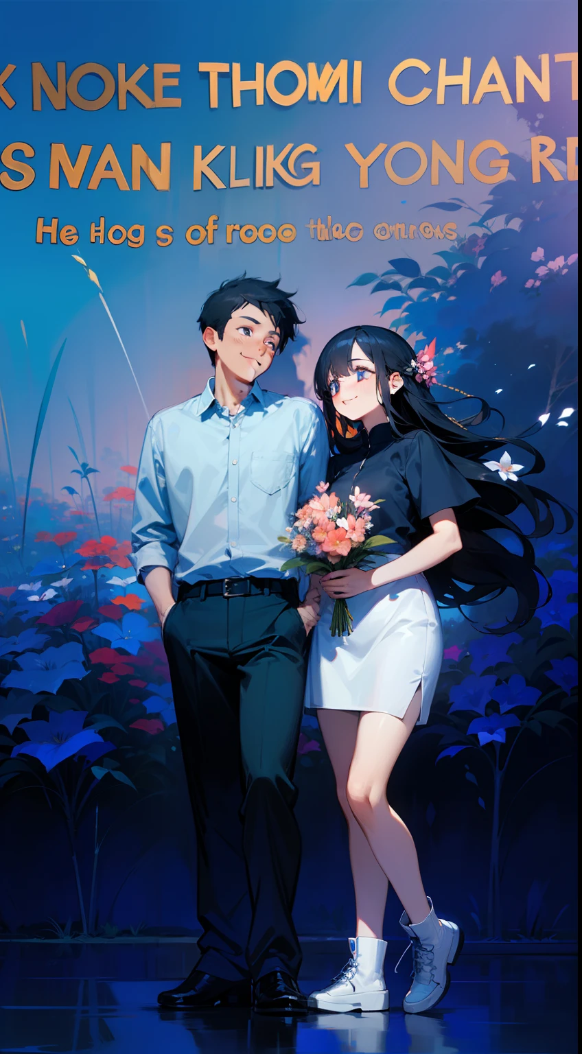 couple, 1girl, 1boy, hugging each other, smile, romantic atmosphere, behind the flower, flower field, blue sky, landscape