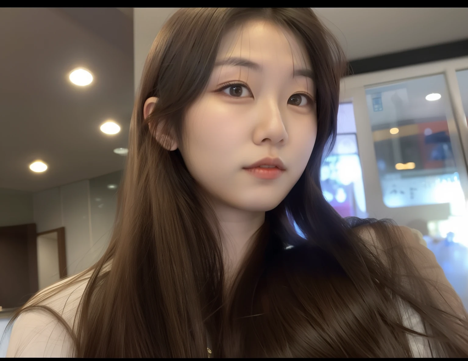 There was a woman with long hair looking at the camera, Young and cute asian face, young lovely Korean faces,