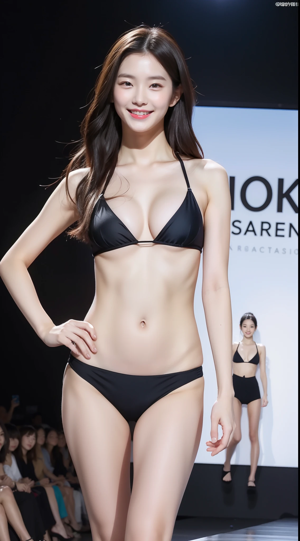 Onegirl、a Korean girl、The bikini、full bodyesbian、large full breasts、Model Pose、Fashion Show Stage、walking、a smile