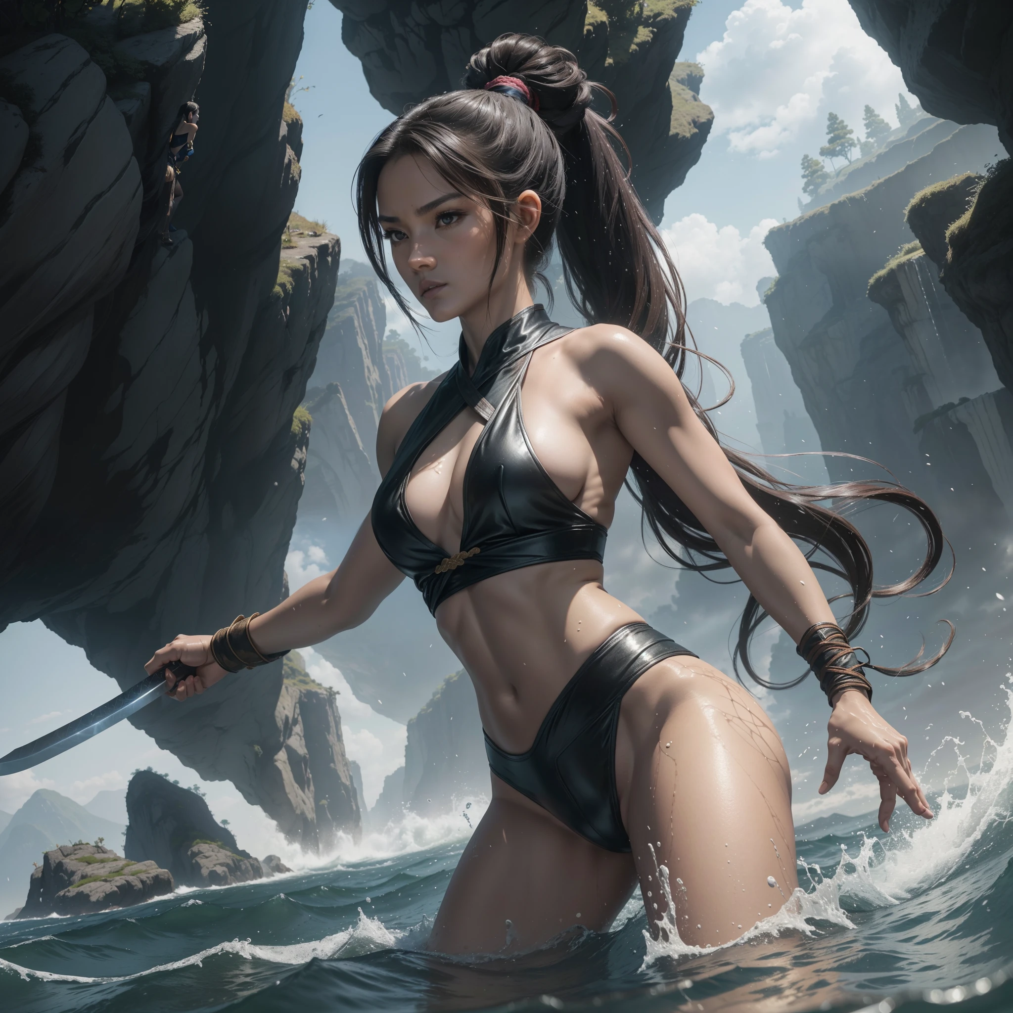 (obra maestra) (La mejor calidad) A spectacular image in front of the protagonist in a third-person image at a somewhat elevated angle. En un arrozal, A ninja with supernatural powers runs through the water with a small sword in each hand.. She wears her very long hair tied in a ponytail with curly strands flying behind her giving a beautiful sense of speed............