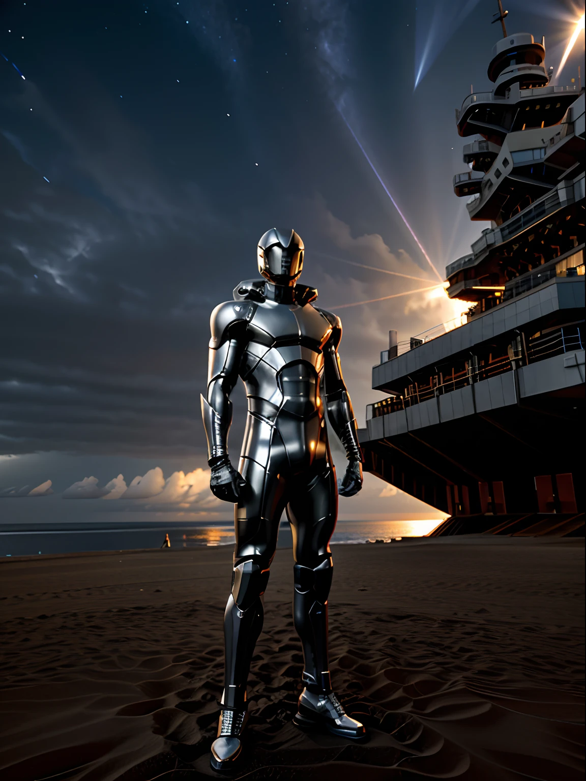 Top image quality,On the silver sand,The battleship floated in the air,Silver sand,low angle shot,afofuturism,the night,starrysky,A man in a tight latex suit stands in the middle,Show,Muscular body,Panoramic view,centered composition,
