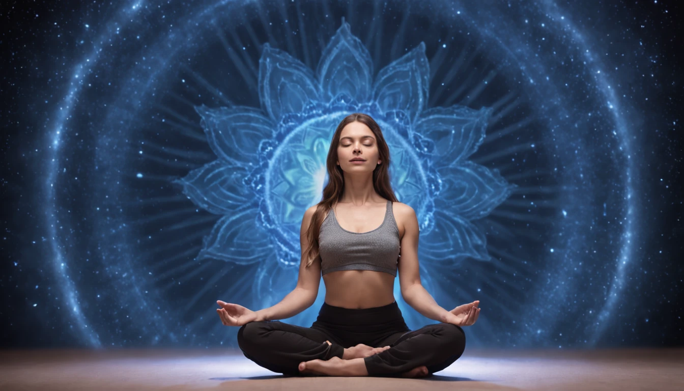 Woman sitting in lotus position with bright blue energy in the background, Powerful woman sitting in space, Illumination spirituelle, Meditate in the lotus position, Channeling the blue mystical energy, Illumination cosmique, Sacred feminine, Elven spirit meditating in space, radiating a brilliant blue aura, Wearing a psychedelic Wicca, Emitting psychic powers, Divine Cosmic Feminine Power, Hindu Stages of Meditation, Kundalini Energy --auto