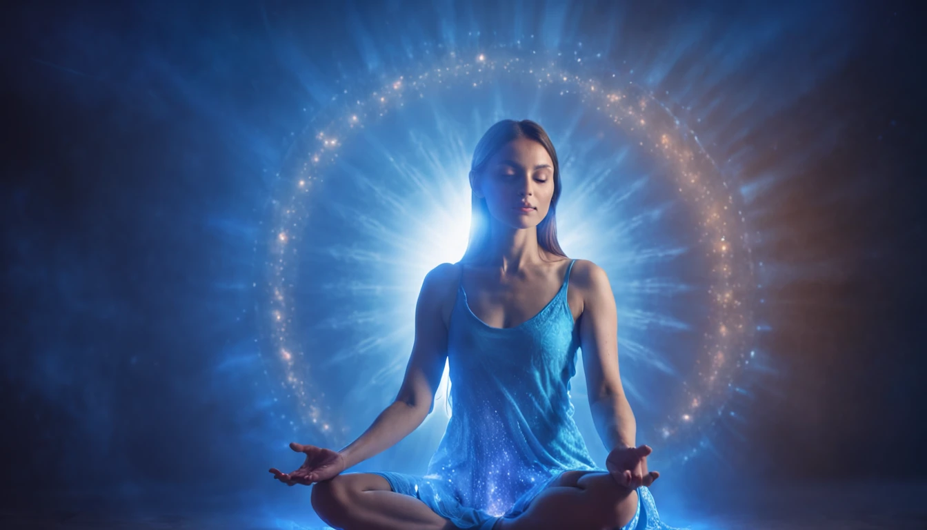 Woman sitting in lotus position with bright blue energy in the background, Powerful woman sitting in space, Illumination spirituelle, Meditate in the lotus position, Channeling the blue mystical energy, Illumination cosmique, Sacred feminine, Elven spirit meditating in space, radiating a brilliant blue aura, Wearing a psychedelic Wicca, Emitting psychic powers, Divine Cosmic Feminine Power, Hindu Stages of Meditation, Kundalini Energy --auto