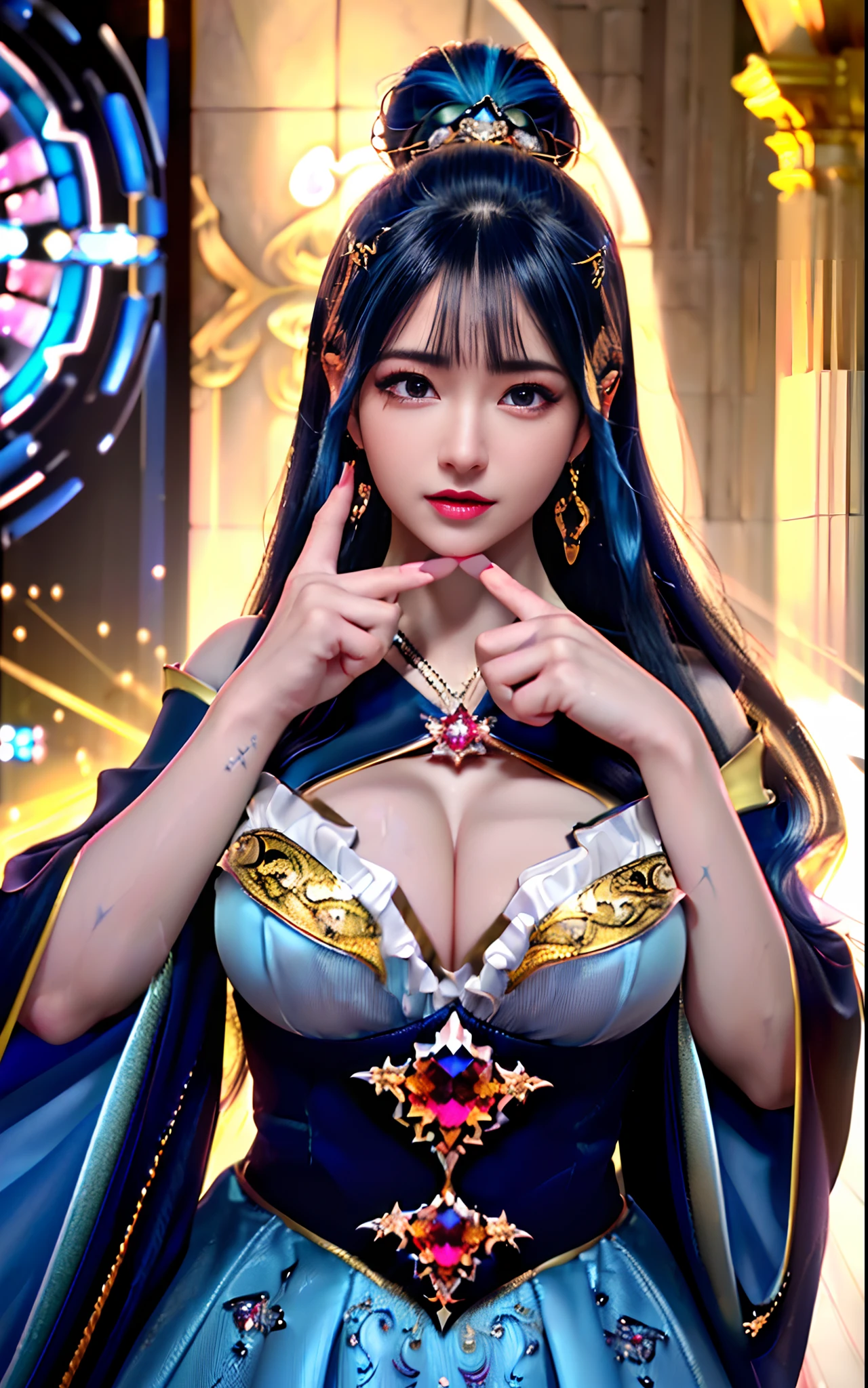 ((realisticity: 1.2)), ((realistic: 8K UHD)), ((best resolution: 8K UHD)), hyper detailed, best quality,masterpiece,highres,cg, ((1 girl hyper detailed and hyper realistic) ) , ((beautiful queen, hyper realistic and hyper detailed)),((white skin, beautiful, smooth, youthful, hyper realistic and hyper detailed )), ((Face hyper beautiful, white, hyper realistic and hyper detailed ) ), long hair, ((hyper realistic and hyper detailed dress)), solo, ((hyper realistic, hyper beautiful, beautiful and hyper detailed jewelry)), ((hyper beautiful deep red and golden yellow dress, hyper realistic and hyper detailed )) , ((Her pretty, hyper realistic, hyper detailed diamond filled earrings)), ((Her gorgeous diamond haircut, hyper realistic and hyper detailed)), ((hyper pretty upper body, hyper beautiful, hyper realistic and hyper detailed) ), ((medium breast: 1.1)), ((hyper realistic, hyper pretty, hyper detailed boobs)), ((the backgroun of the royal palace is hyper majestic, hyper realistic and hyper detailed)),((hands and palms hyper beautiful, hyper detailed, hyper realistic)), ((hyper detailed and hyper realistic fingers and fingernails)), ((hyper pretty fingernails, hyper vivid, hyper detailed, hyper realistic)), ((thumb, index finger, middle finger, ring finger, little finger hyper vivid, hyper pretty, hyper detailed, hyper realistic)), ((hyper beautiful fingers, hyper detailed, and hyper realistic)), ((posture not too fat and not too thin, hyper realistic, hyper detail)), ((hyper pretty, hyper pretty, hyper realistic and hyper detailed hair bun)), ((hyper pretty , hyper realistic and hyper detailed blue hair)), candid, Photo, high resolution, 8k , bokeh,