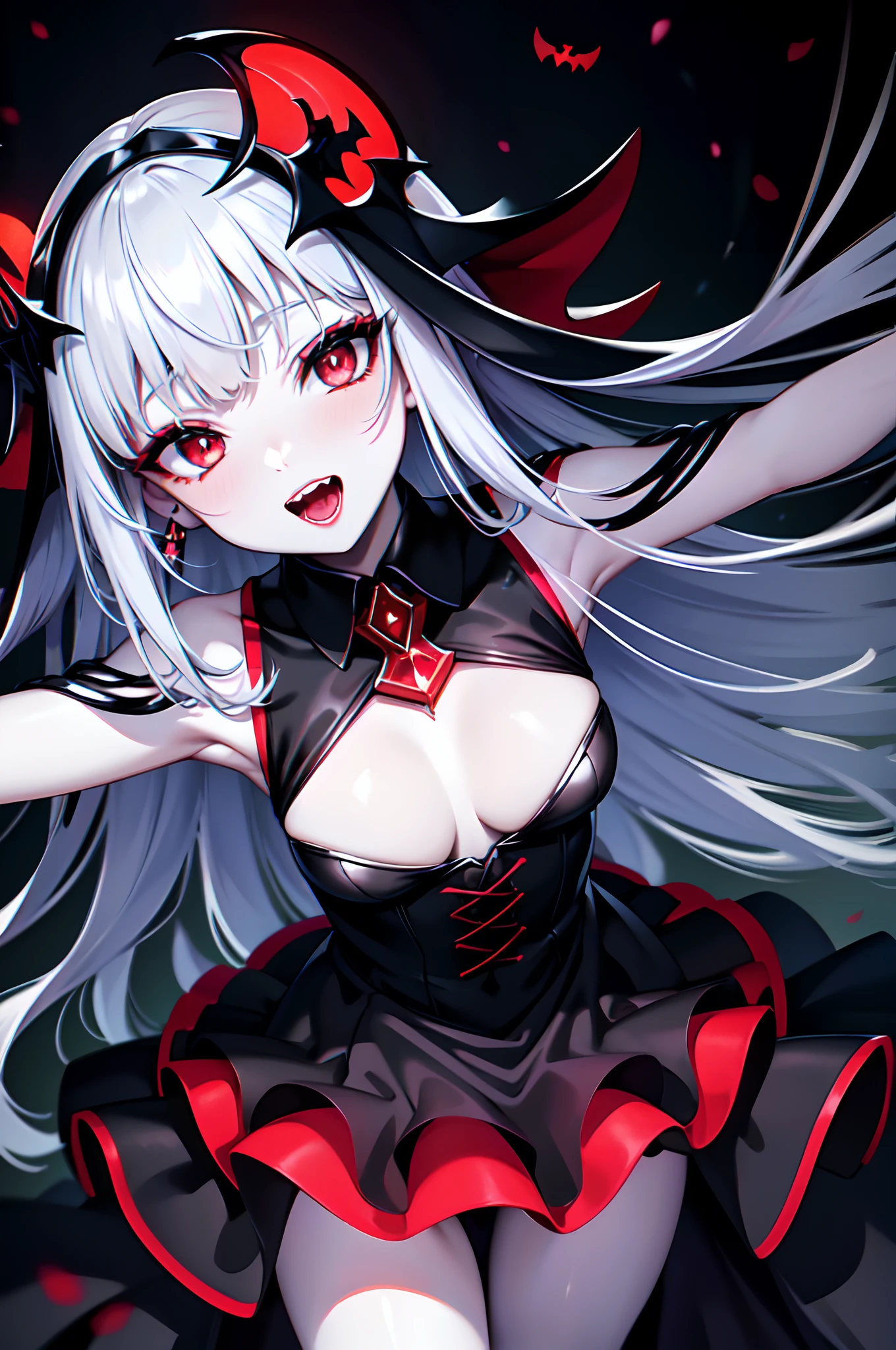 transcendent robot beautiful girl, Dracula, black wedding dress, pale skin, black face veil, red eyes, red lipstick, (laughs with wide open mouth), long canines, half-closed eyes, bats, long nails, horror tone, Masterpiece, best quality, captures a super cute moment, depth of field, ultra detailed, ultra high resolution, C4D, Octadale, 3D modeling, 8k, 16k,