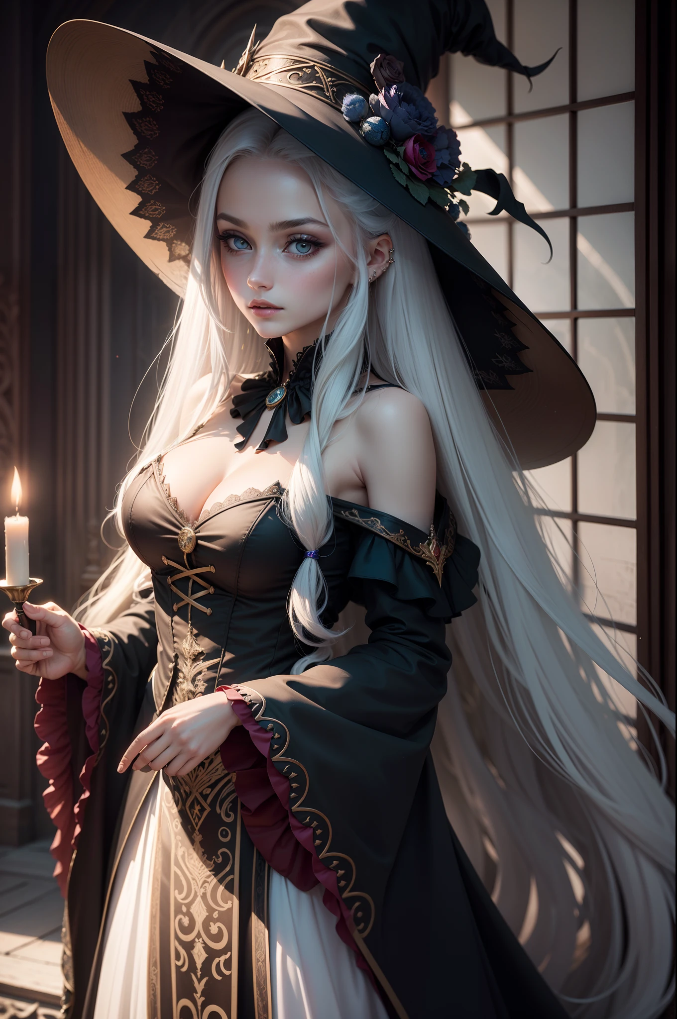 "RAW photo, best,masterpiece, best quality, high quality, extremely detailed,A mysterious and captivating witch in elegant attire, flowing hair and piercing eyes, wide-brimmed, pointed hat, surrounded by an enchanting aura of magic and mystery."