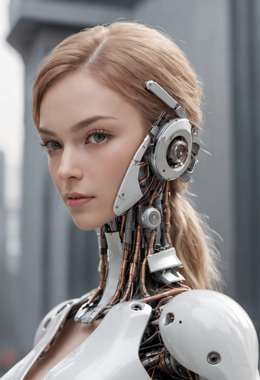 Female looking robot, very pretty face, details of robotic parts on the head contemplating the crowd of humans, futuristic city, Cyberpunk, 3D Rendering, high quality, photo realistic,