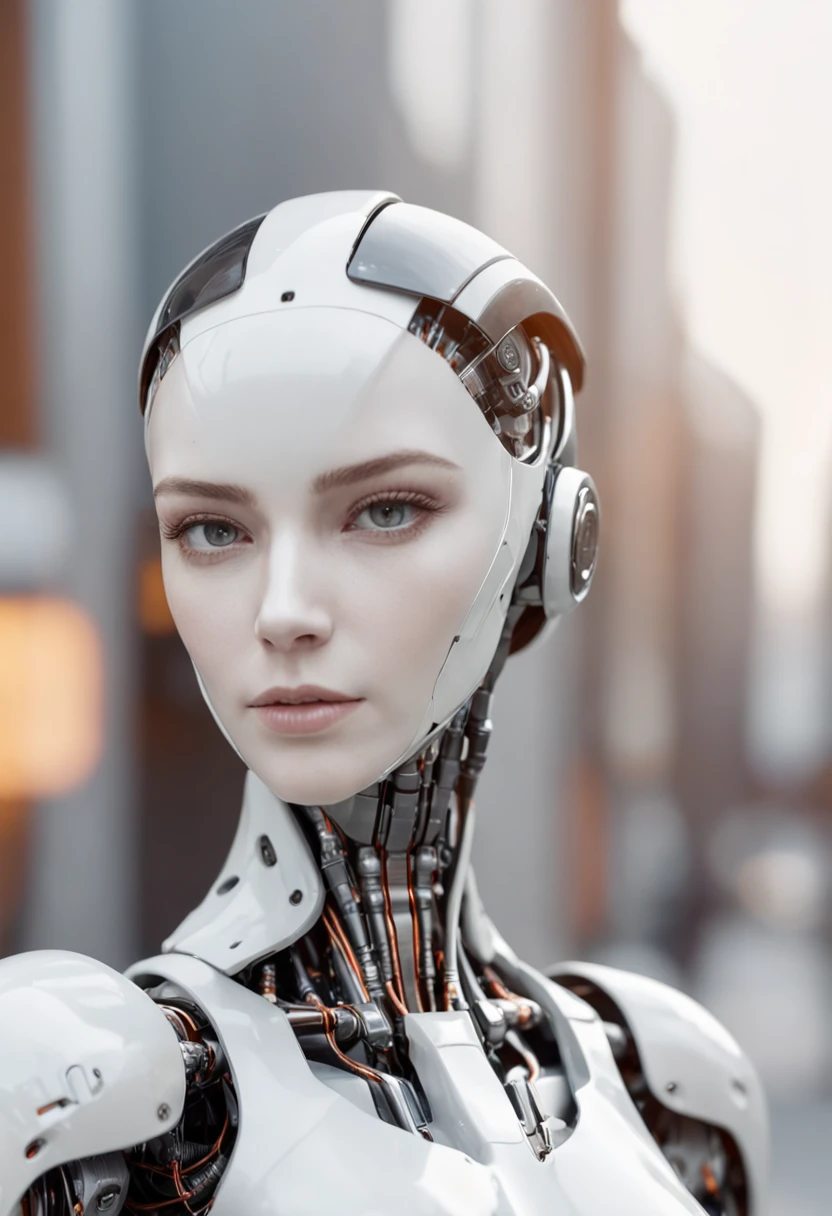 Female looking robot, very pretty face, details of robotic parts on the head contemplating the crowd of humans, futuristic city, Cyberpunk, 3D Rendering, high quality, photo realistic,