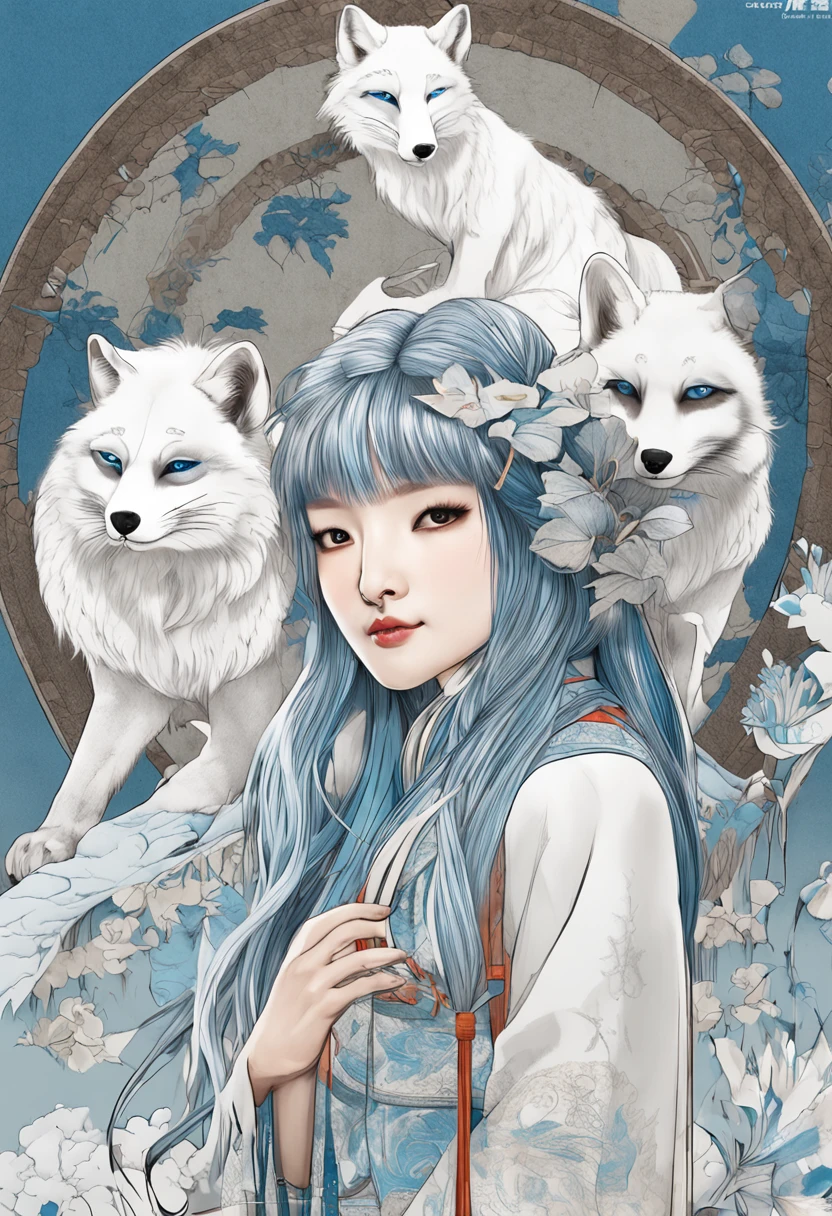 (White background:1.4),(Girl's head face, eyes open, blue long hair,white fox ears,It has 9 fluffy foxtails, Oriental elements),(Chinese painting:1.3,Paper art:1.3, Quilt paper art:1.2),( Reasonable design, clear lines, high sharpness,Best Quality, Very detailed, Masterpiece, movie lighting effects, 4k )