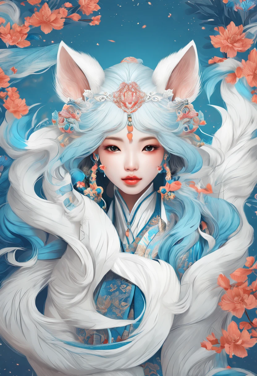 (White background:1.4),(Girl's head face, eyes open, blue long hair,white fox ears，It has 9 fluffy foxtails， Oriental elements)，(Chinese painting:1.3，Paper art:1.3, Quilt paper art:1.2),( Reasonable design, clear lines, high sharpness,Best Quality, Very detailed, Masterpiece, movie lighting effects, 4k )