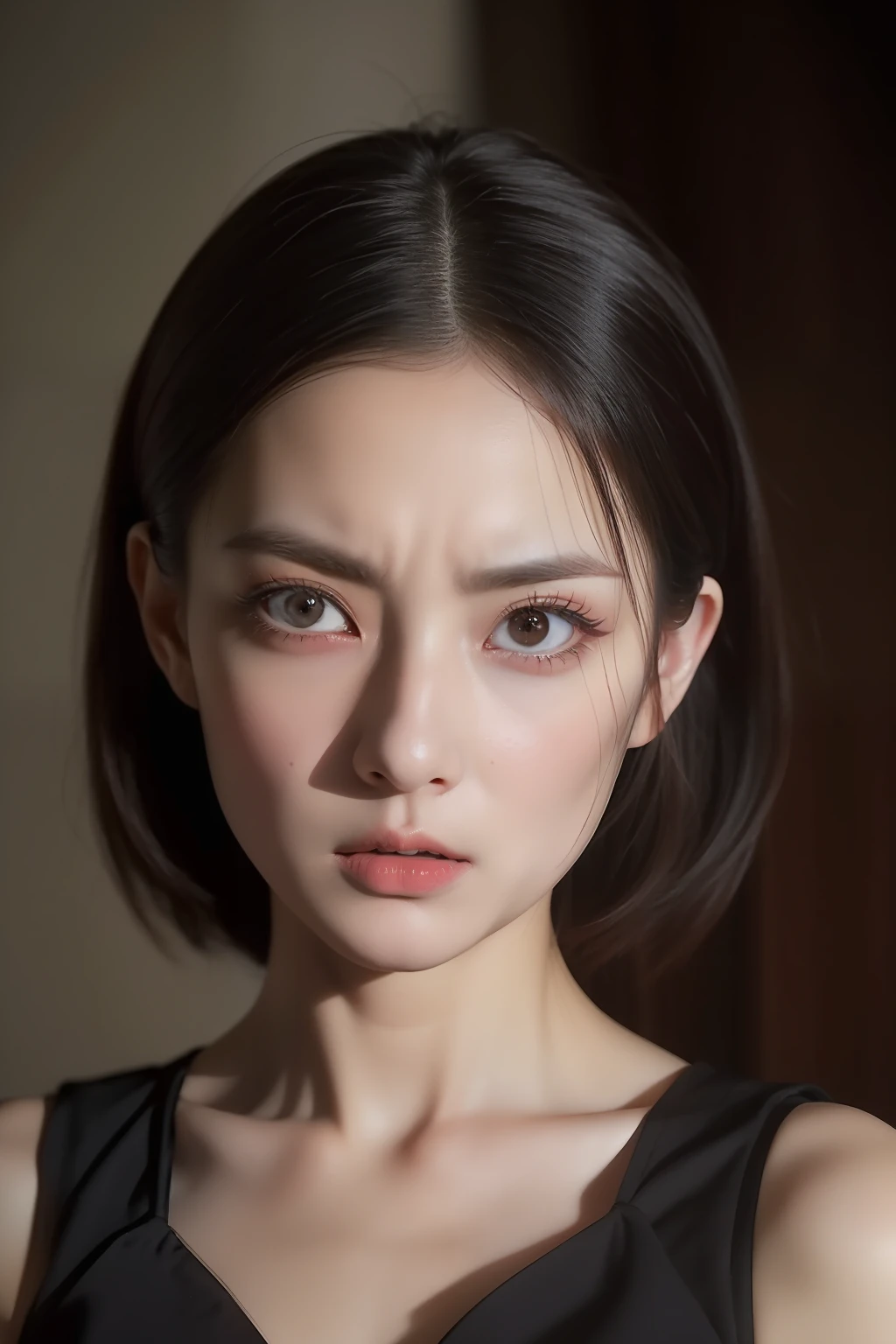 (masterpiece、top-quality、ultra-detailliert、Best Shadows)、Hyper-detailing、The best lighting、Woman in black dress、unbelievably beautiful, Has a magnetic aura and creepiness. The feeling of fear at its best、Her red eyes are full of evil.、Wrinkles between the eyebrows、Kamimei、Angry look, Screaming in anger、