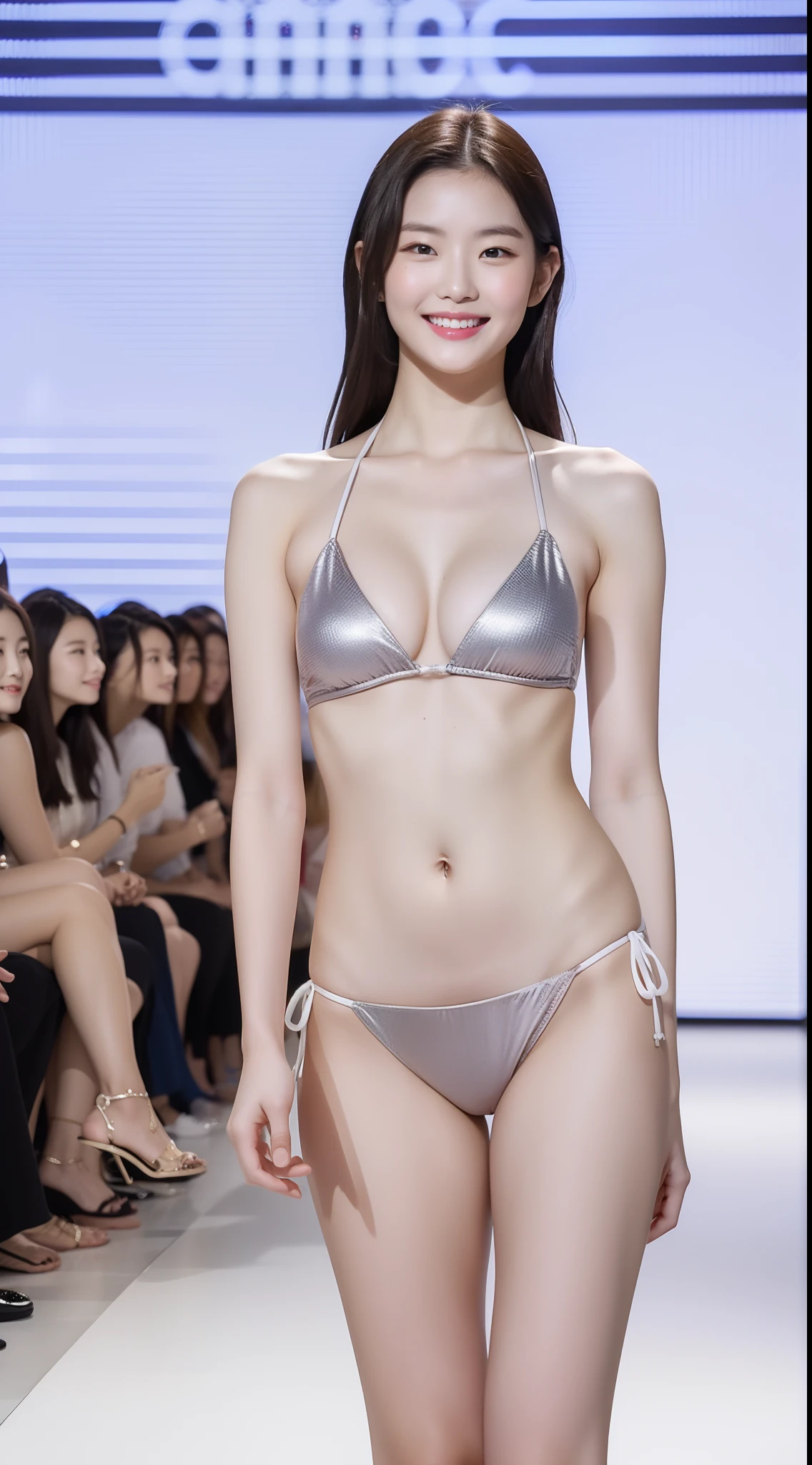 Onegirl、a Korean girl、The bikini、full bodyesbian、large full breasts、Model Pose、Fashion Show Stage、walking、a smile