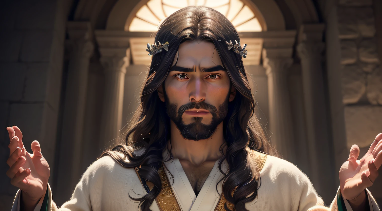 "high-definition image of Jesus Christ that conveys a sense of serenity and compassion. Na imagem, Jesus deve ser retratado de maneira respeitosa e reverente, wearing traditional robes from biblical times. It can be in a tranquil natural setting, com uma suave luz dourada que destaque seu rosto e figura. Seu olhar deve transmitir sabedoria e amor, while your hands may be open in a welcoming gesture. A imagem deve ser detalhada e realista, with attention to small details, such as clothing textures and facial features. The main focus should be on Jesus' facial expression and the calm, spiritual atmosphere the scene evokes."