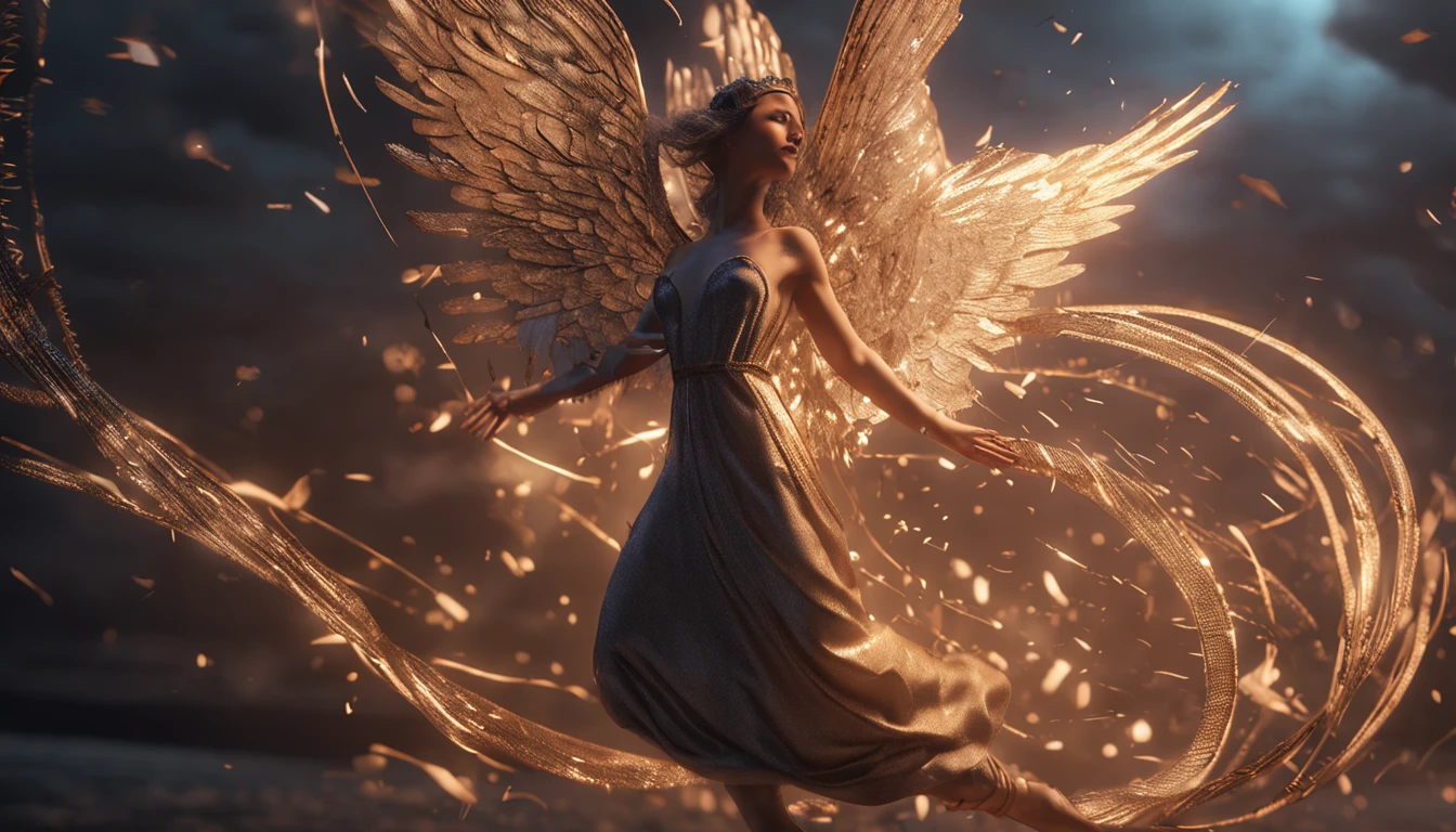 (Professional 3D Rendering:1.3) De (Realistic:1.3) The most beautiful art photos in the world,It is characterized by angels falling from the soft and bright sky, ((Heavenly angel falling from the sky in dynamic pose, fantastic location, majestic cluttered environment)), Full-body 8K unit rendering, action SHOT, Skin pores, Very dark lighting, Dark shading, detailliert, 详细的脸, (vibrating, photos realistic, Realistic, Dramatic, murky, foco nítido, 8K), ((((Use skins)))), (Convoluted:1.4), decadent, (ighly detailed:1.4), digitial painting, rendering by octane, art stations, concept-art, suave, foco nítido, Illustration, Germ from art, (Roisch:0.23), Vlop Ilya Kuvshinov, e Gregg Rutkowski e Alphonse Mucha Gracias, (globalillumination, studio lights, Light Volumetric), lotr, Fantasia, my, Intellosbians, ((Dark ancient city background:1.3)),CG Series,art stations