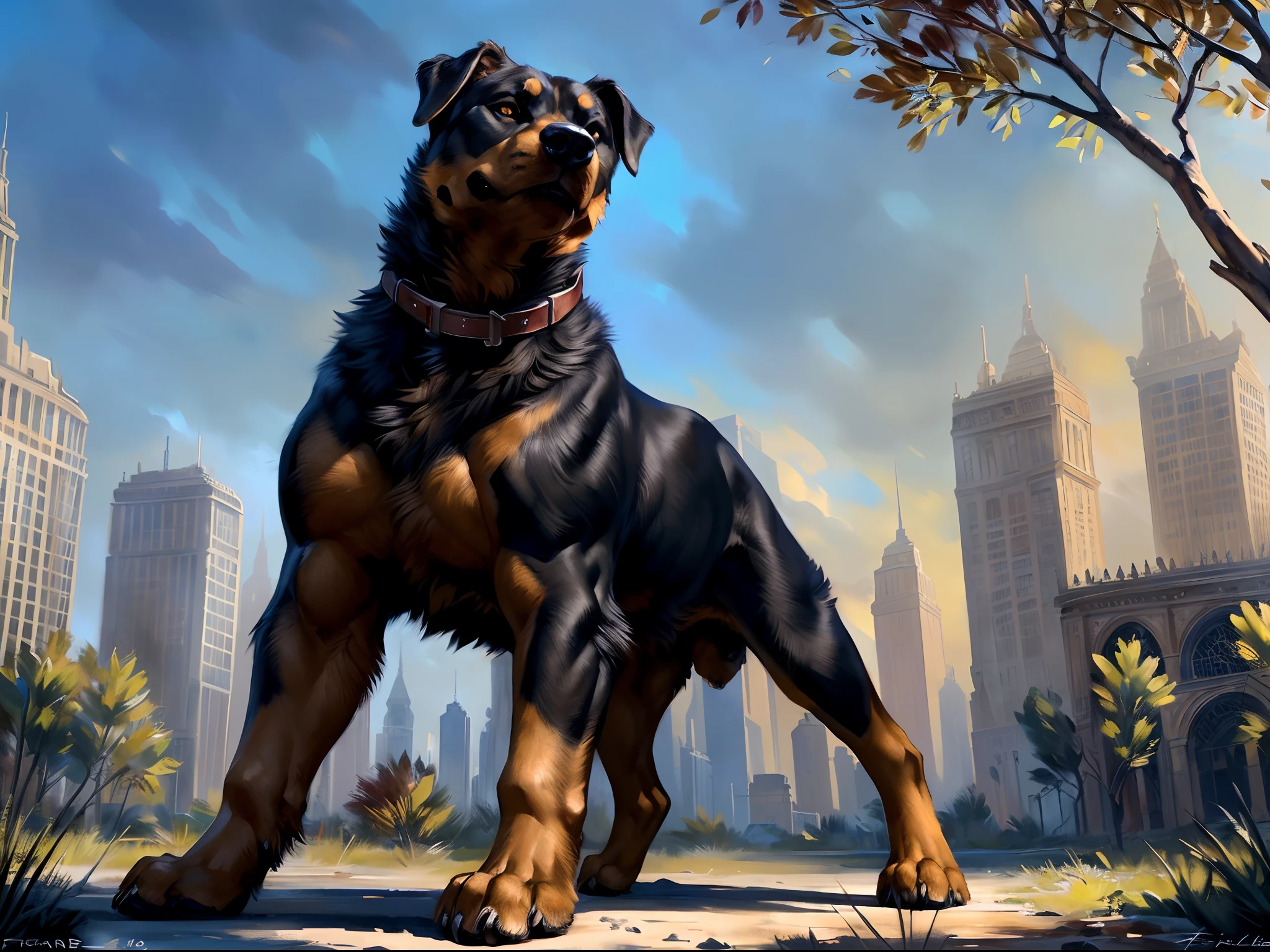 very muscular feral rottweiler posing for the camera, wearing collar. 4k, high resolution, best quality, perfect colors, perfect shadows, perfect lighting, posted on e621, furry body, (feral dog:1.2), (quadruped dog:1.2), rottweiler, (multiple characters:1.2), male, adult, masculine, (very muscular, buff, huge muscles, large pectorals, thick build:1.2), correct anatomy, (photorealistic fur, detailed fur, epic, masterpiece:1.2), (detailed park background, city), sexy shadows, (by echin, by Taran Fiddler, by Rukis, Juiceps lighting), (detailed eyes:1.2), impressive physique, confident pose, strong pose, confident face, proud, looking at camera, close to camera, (extreme low-angle shot:1.2)