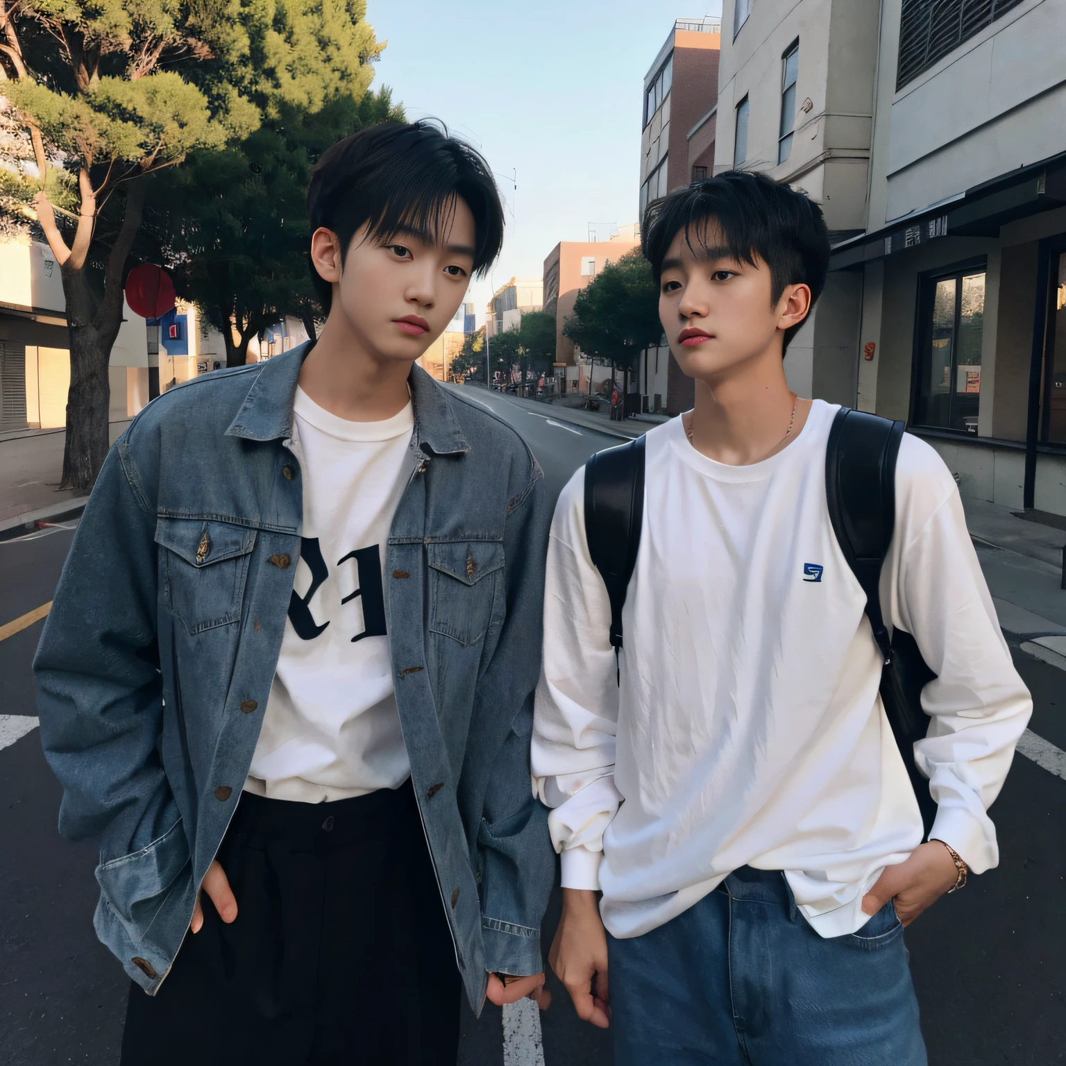 (male people), (Two boys in a group photo，Same height，Two college students), (25 age old), street corner, Film texture, 真实感，Real Human, Nice light and shadow, The background is blurred out, long eyelasher,The upper part of the body, 二重まぶた, Handsome，youthfulness，school ground，The film is small and fresh，Asian people，is shy，college aged，Fashionab，