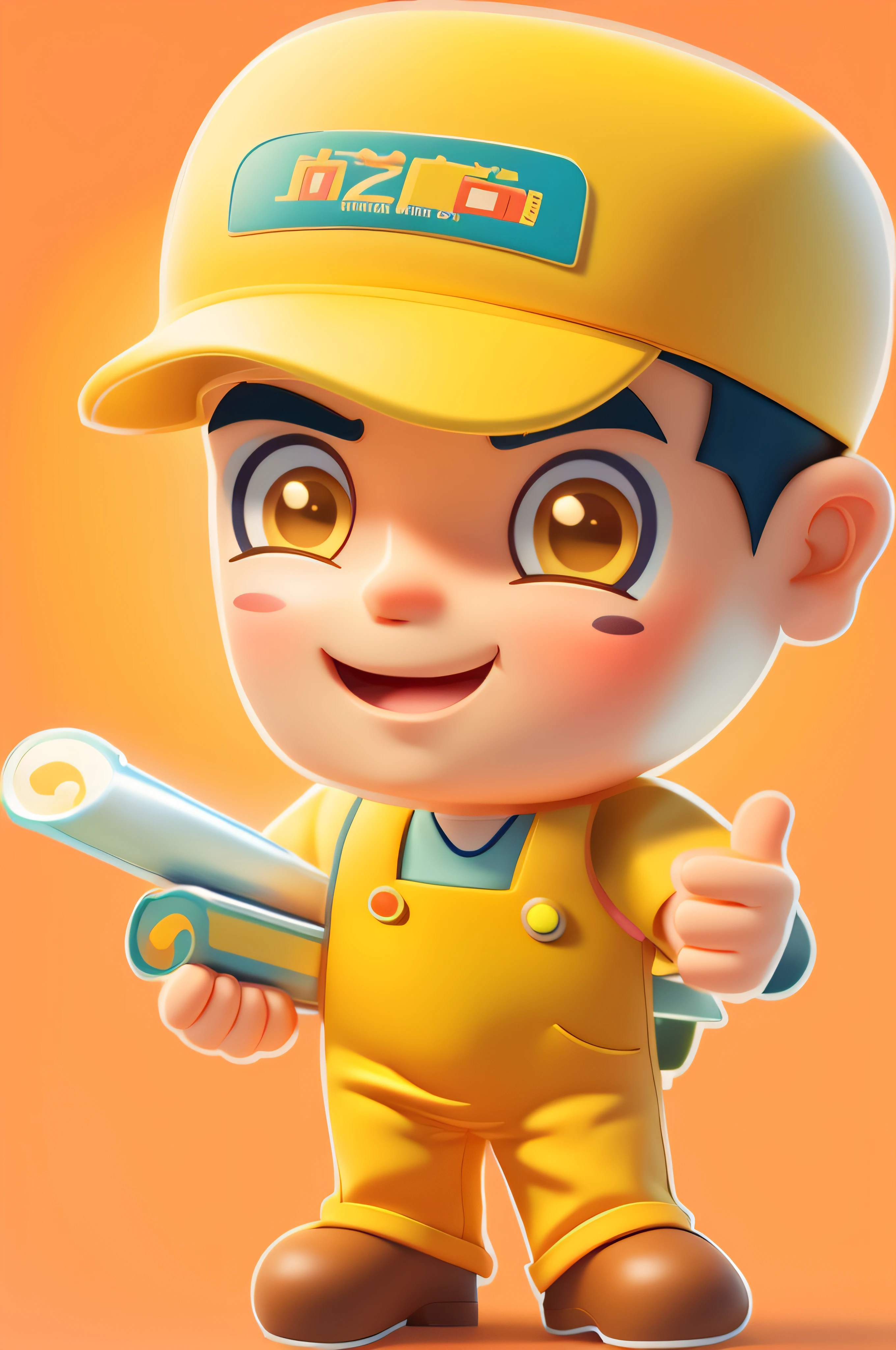 A cartoon boy in overalls holds a scroll,Give a thumbs up with your left hand,Wear a yellow hat, Wearing a yellow plumber's uniform,whitet-shirt, Cartoon illustration, hd illustration, Official illustration, Cartoon style illustration, Mechanic, clip art, professional illustrations, cartoonish style, Cartoon image, Cartoon drawing, Professional illustration, cartoon character, Cartoon Art Style, high quality illustration, cartoonish vector style, Blind box style,lovely boy,arte 3D,OC rendering,