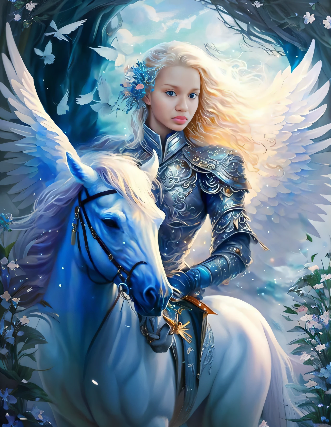 uma mulher em armadura montando um cavalo branco com asas, menina do cavaleiro do anjo, angel knight gothic girl, bela arte de fantasia, arte de fantasia muito bonita, arte de fantasia detalhada, Graphic artist Magali Villeneuve, amazing fantasy art, No estilo de Anne Stokes, arte digital de fantasia detalhada, arte de fantasia de alta qualidade, Magali Villeneuve», breathtaking fantasy art, pintura de fantasia bonita, arte de fantasia