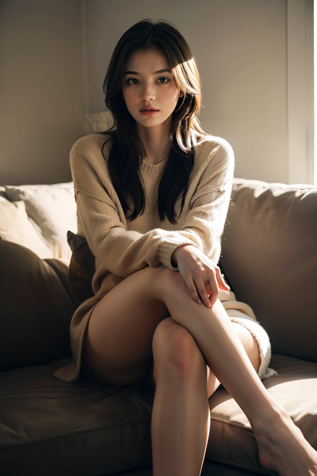 1girl,sitting on a cozy couch,crossing legs,soft light