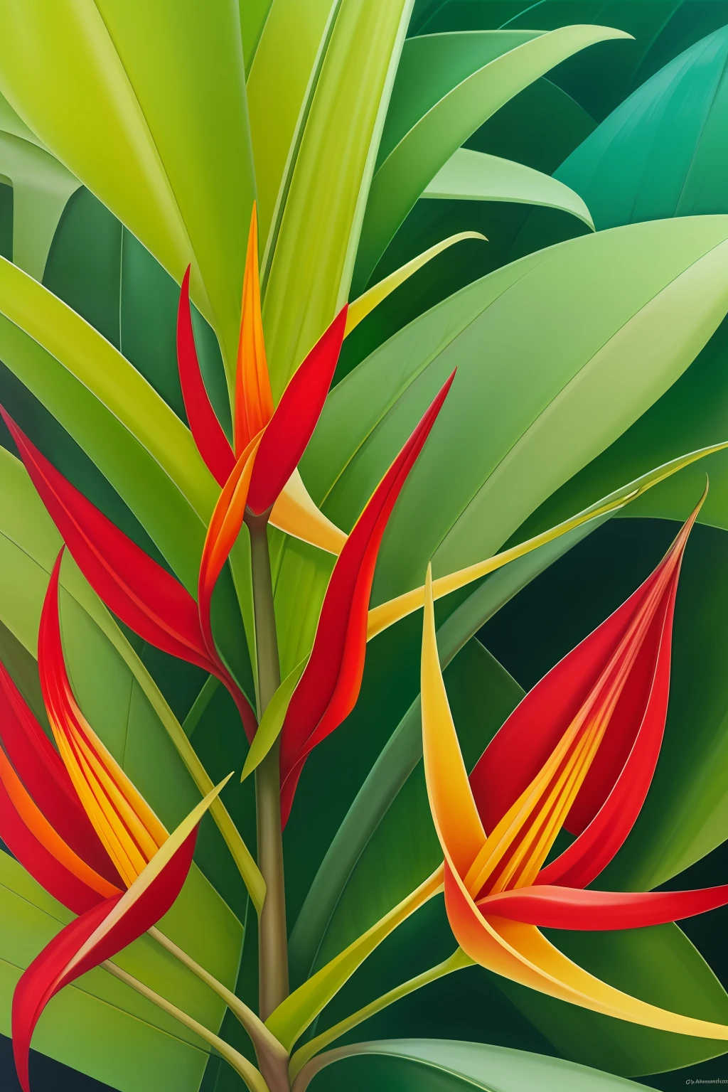 Heliconia rostrata, vista de abajo, rojos intensos, Different greens in the middle of a tropical forest from the vision of an ant, fantasy oil painting.