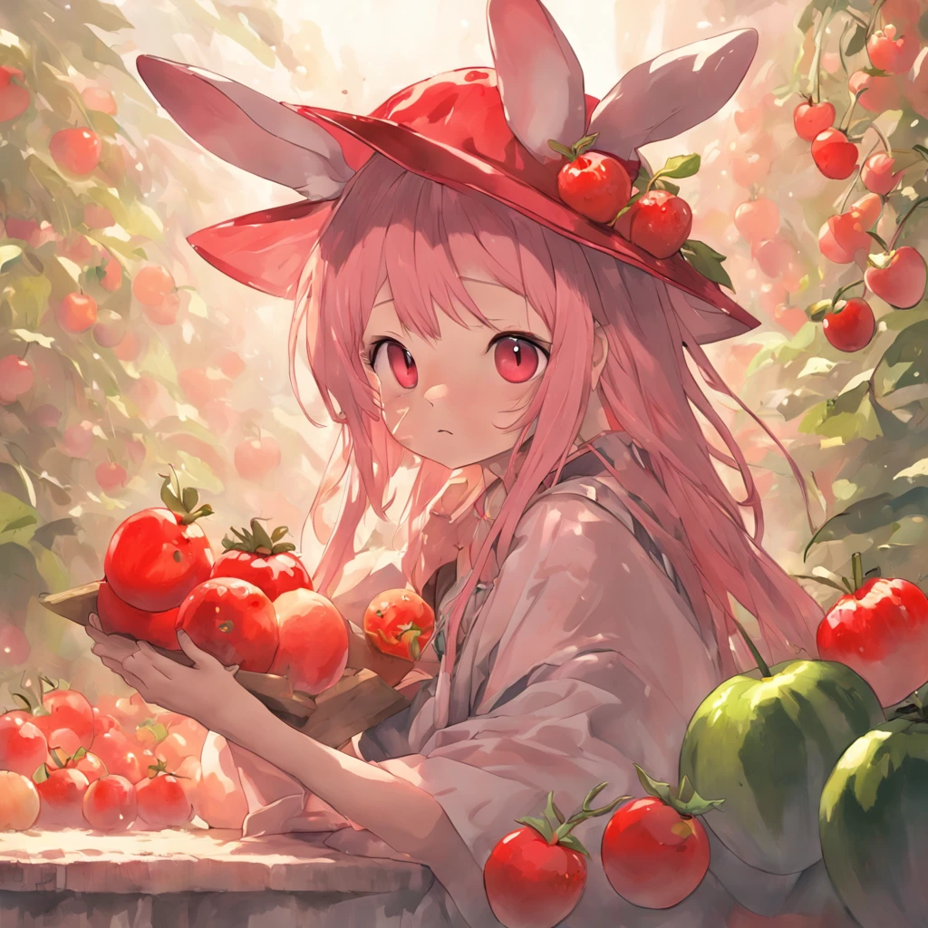 bunny, realistic, furry animal, apple, black eye, blush, cherry, food, fruit, full body, hat, non-human, strawberry, tomato, watermelon