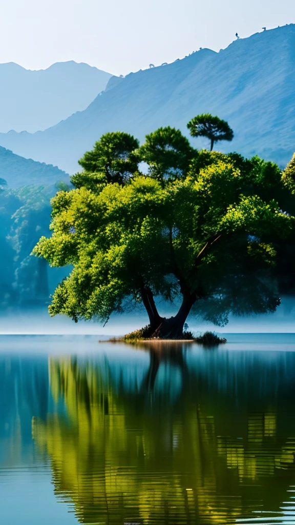 (Master Pease)top-quality、A large tree towering in the lake with an overwhelming presence,Mystical landscape,Haze floating on the transparent surface of the lake, Fantastic atmosphere