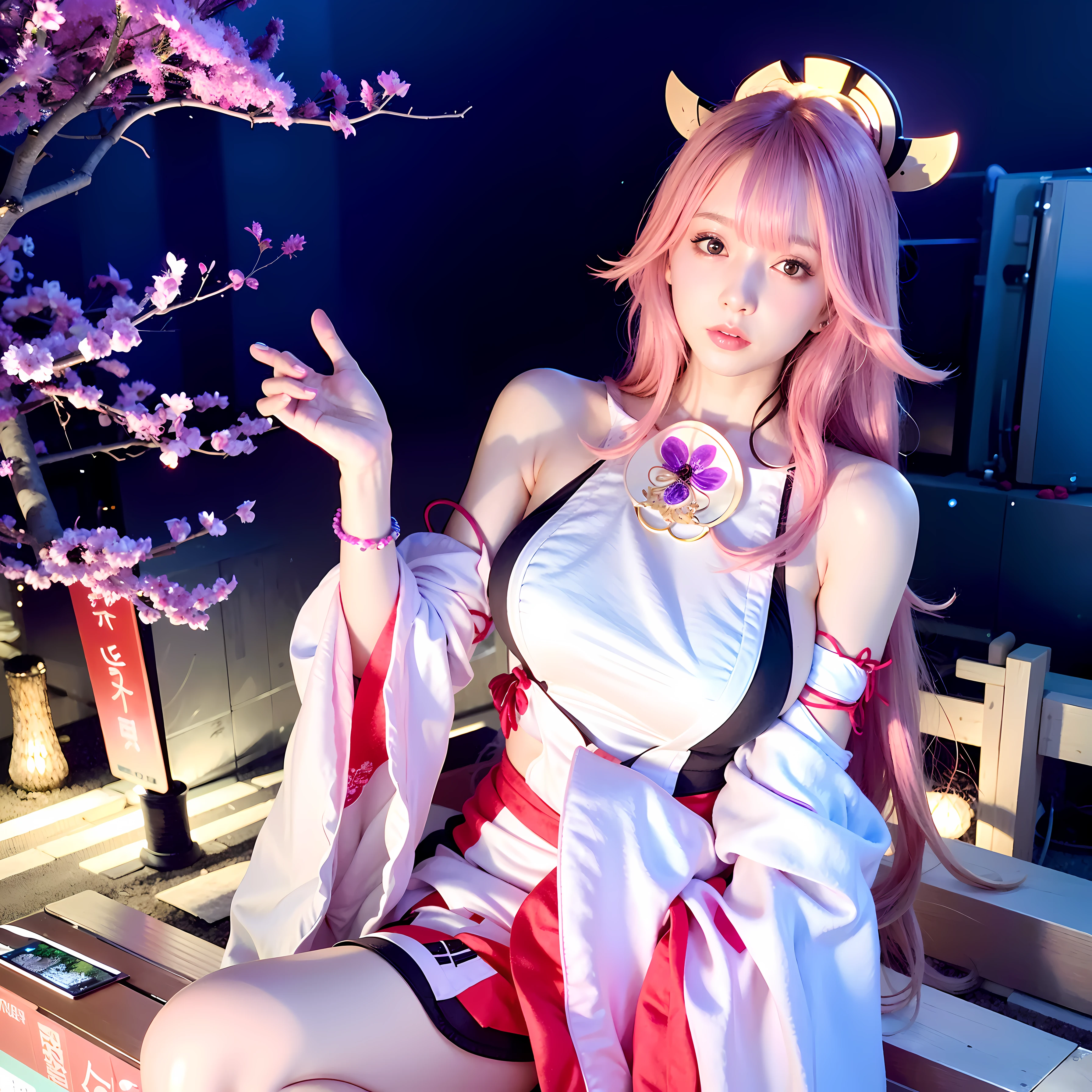 1girll, (Ulzzang-6500:0.725), Kpop idol, Yae Miko, Detached sleeves, Bare shoulders, (Side Chest:1.45), Pink hair, Long hair, Japanese clothes, Best quality, (Photorealistic:1.2), (hair adornments:1.35), jewelry, Purple eyes, Earrings,, Large breasts, Torii, Cherry blossoms, Lantern light, Depth of field, Detailed face, Face focus, bodystocking, ribbon_Trim, White skirt, White dress, (view the viewer:1.25), nontraditional miko, Shiny skin, Long sleeves, Smile, Thick lips, Game CG, upper legs, (Bare breasts:1.25), hands on lips, east asian architecture, The background is blurred out, full bodyesbian, Sakura flower, Pose,  Glasses,