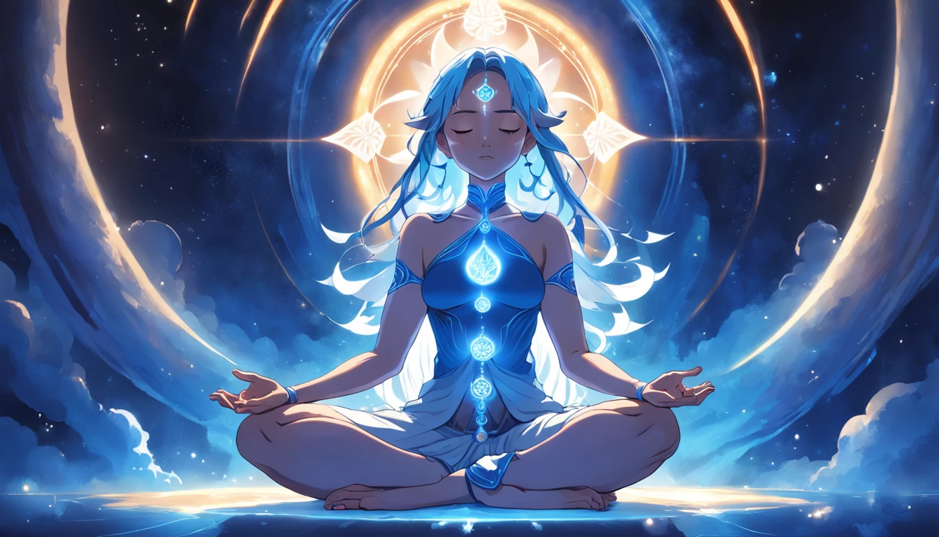 Woman sitting in lotus position with bright blue energy in the background, Powerful woman sitting in space, Illumination spirituelle, Meditate in the lotus position, Channeling the blue mystical energy, Illumination cosmique, Sacred feminine, Elven spirit meditating in space, radiating a brilliant blue aura, Wearing a psychedelic Wicca, Emitting psychic powers, Divine Cosmic Feminine Power, Hindu Stages of Meditation, Kundalini Energy --auto