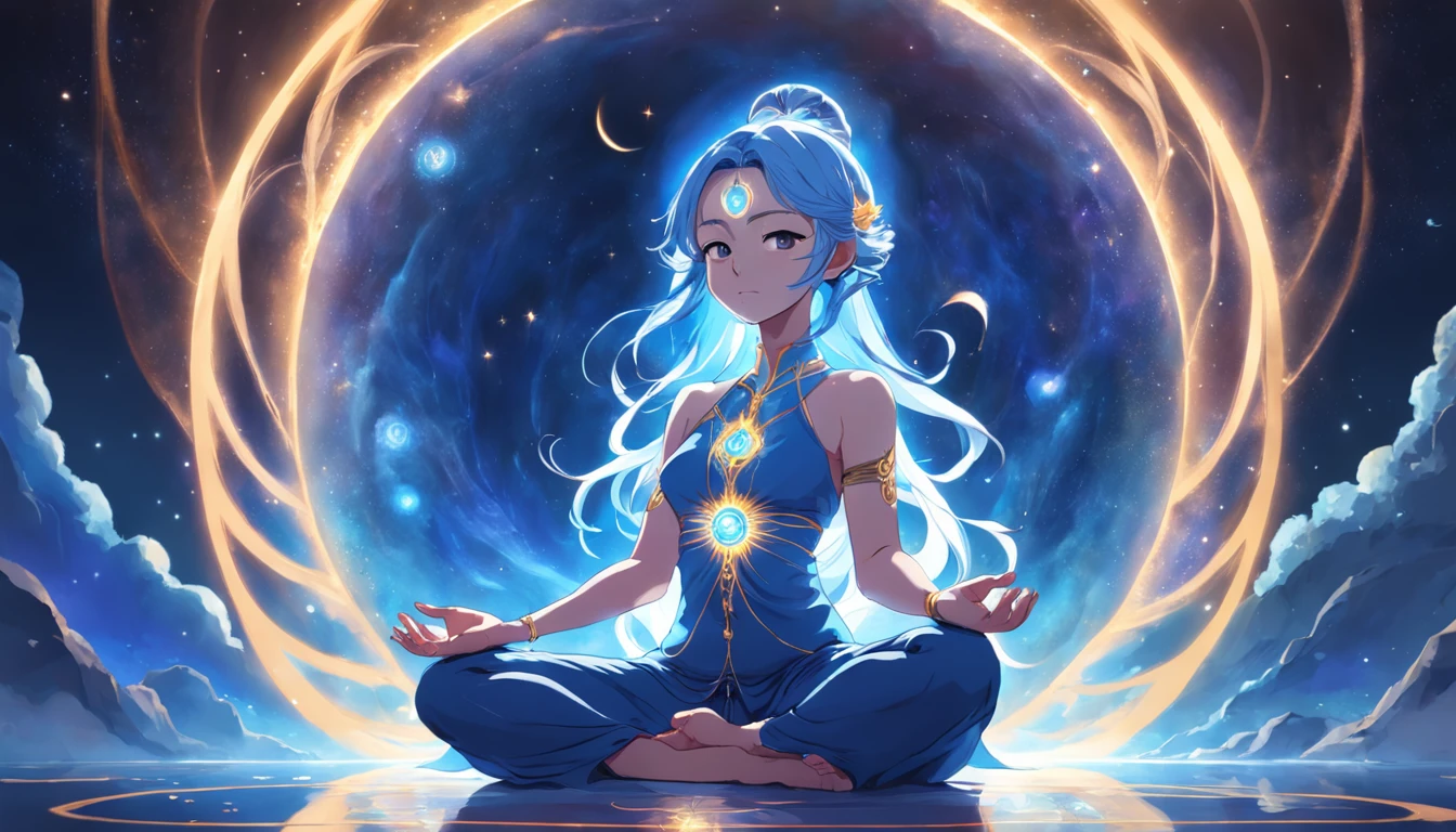 Woman sitting in lotus position with bright blue energy in the background, Powerful woman sitting in space, Illumination spirituelle, Meditate in the lotus position, Channeling the blue mystical energy, Illumination cosmique, Sacred feminine, Elven spirit meditating in space, radiating a brilliant blue aura, Wearing a psychedelic Wicca, Emitting psychic powers, Divine Cosmic Feminine Power, Hindu Stages of Meditation, Kundalini Energy --auto