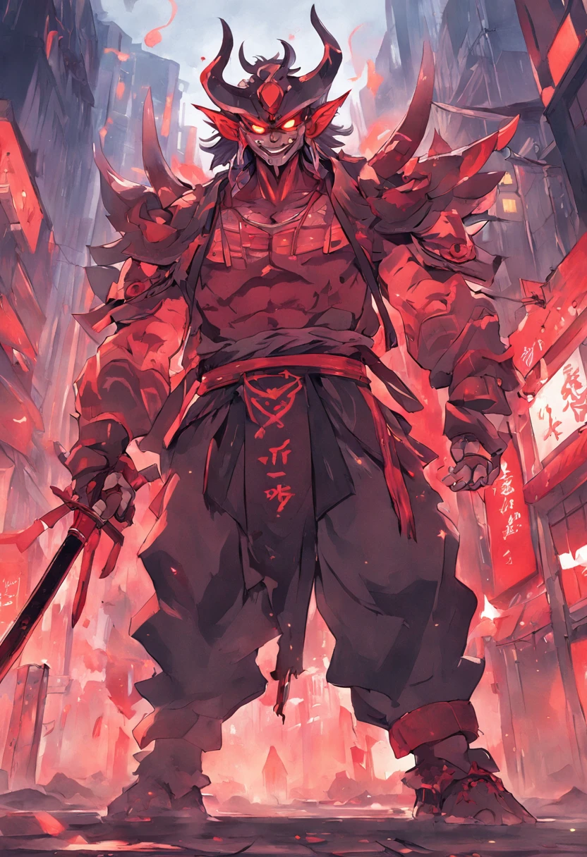sky, cloud, holding_weapon, no_humans, glowing, , robot, building, glowing_eyes, mecha, science_fiction, city, realistic,mecha, a close up of a cartoon character with a demon face, demon samurai, villain wearing a red oni mask, demon samurai warrior, samurai with demon mask, oni horns, handsome guy in demon slayer art, neon samurai, handsome japanese demon boy, demon samurai mask, demon slayer artstyle, oni mask, onmyoji portrait, onmyoji detailed art, oni