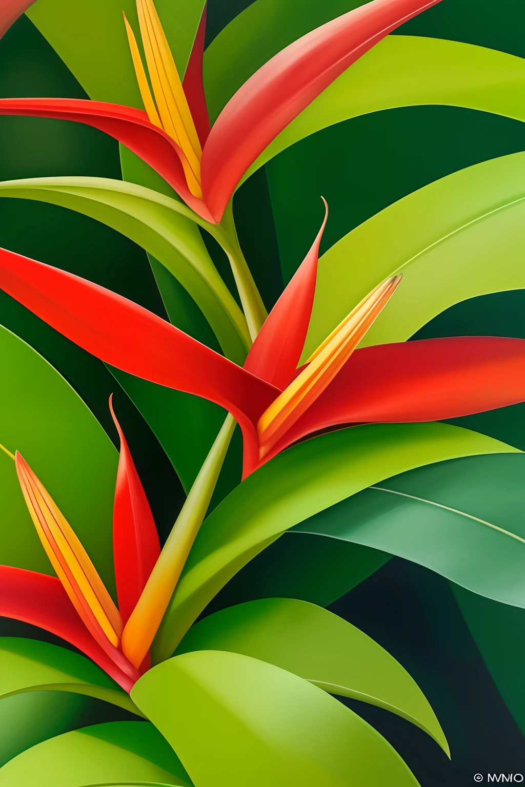 Heliconia rostrata, vista de abajo, rojos intensos, Different greens in the middle of a tropical forest from the vision of an ant, fantasy oil painting.