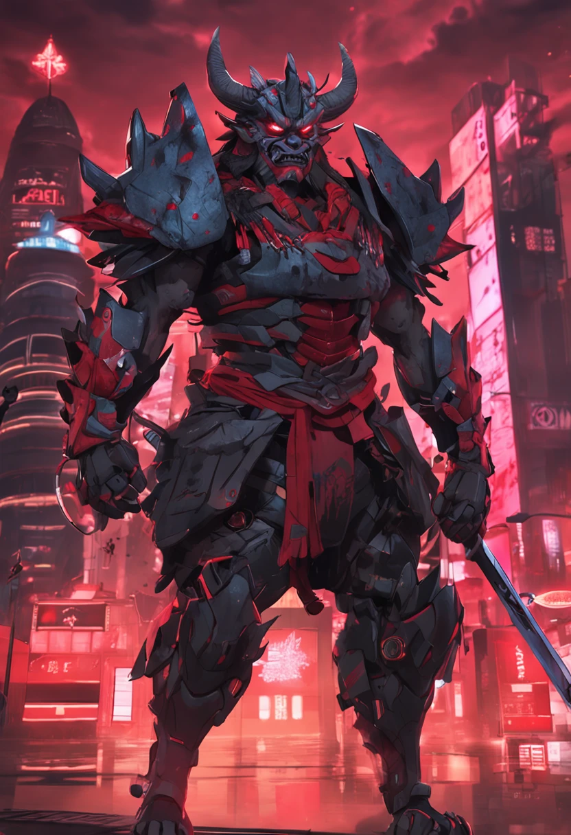 sky, cloud, holding_weapon, no_humans, glowing, , robot, building, glowing_eyes, mecha, science_fiction, city, realistic,mecha, a close up of a cartoon character with a demon face, demon samurai, villain wearing a red oni mask, demon samurai warrior, samurai with demon mask, oni horns, handsome guy in demon slayer art, neon samurai, handsome japanese demon boy, demon samurai mask, demon slayer artstyle, oni mask, onmyoji portrait, onmyoji detailed art, oni