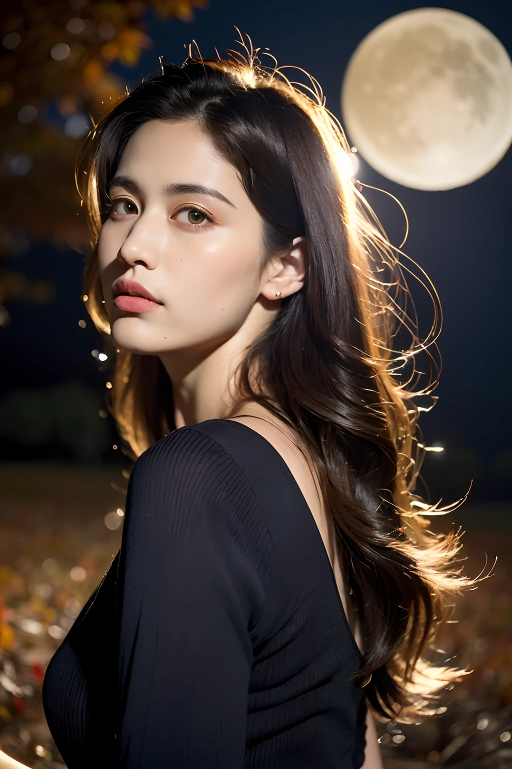 (8K、top-quality、masutepiece、超A high resolution:1.2) (style of paul rubens and rebecca guay:1.1) (Autumn Full Moon:1.4) Photos of beautiful Japanese women、back Lighting、Dark eye makeup、Small face makeup