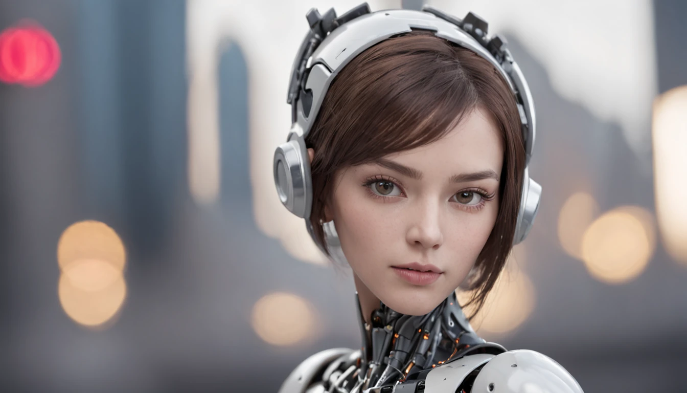 Female looking robot, very pretty face, details of robotic parts on the head contemplating the crowd of humans, futuristic city, Cyberpunk, 3D Rendering, high quality, photo realistic,